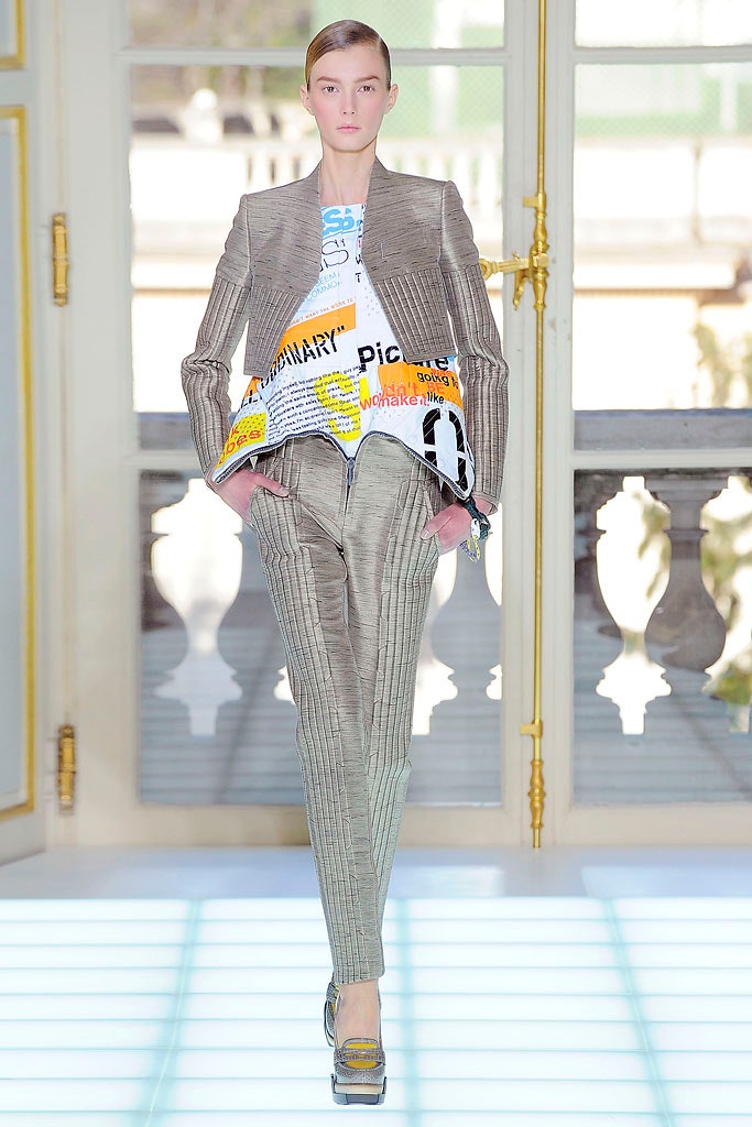 beige tailored suit with printed top