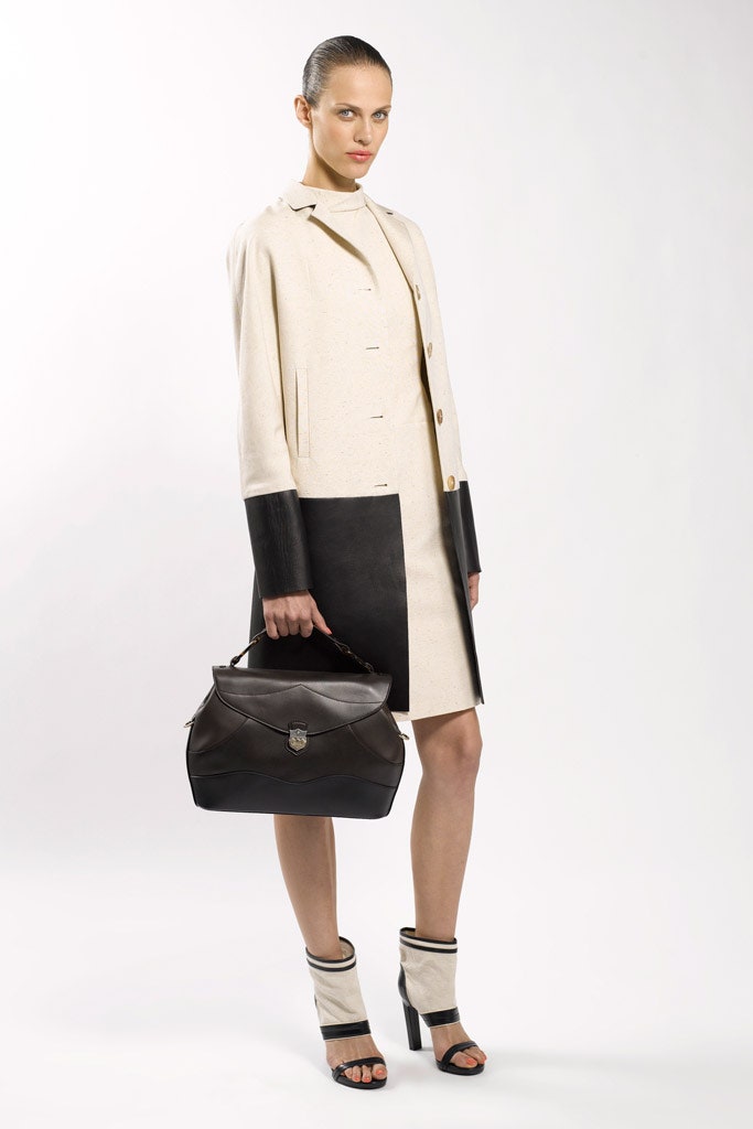 beige wool coat and fitted dress