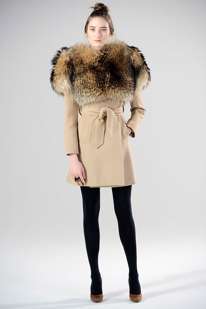beige belted fur-trimmed coat