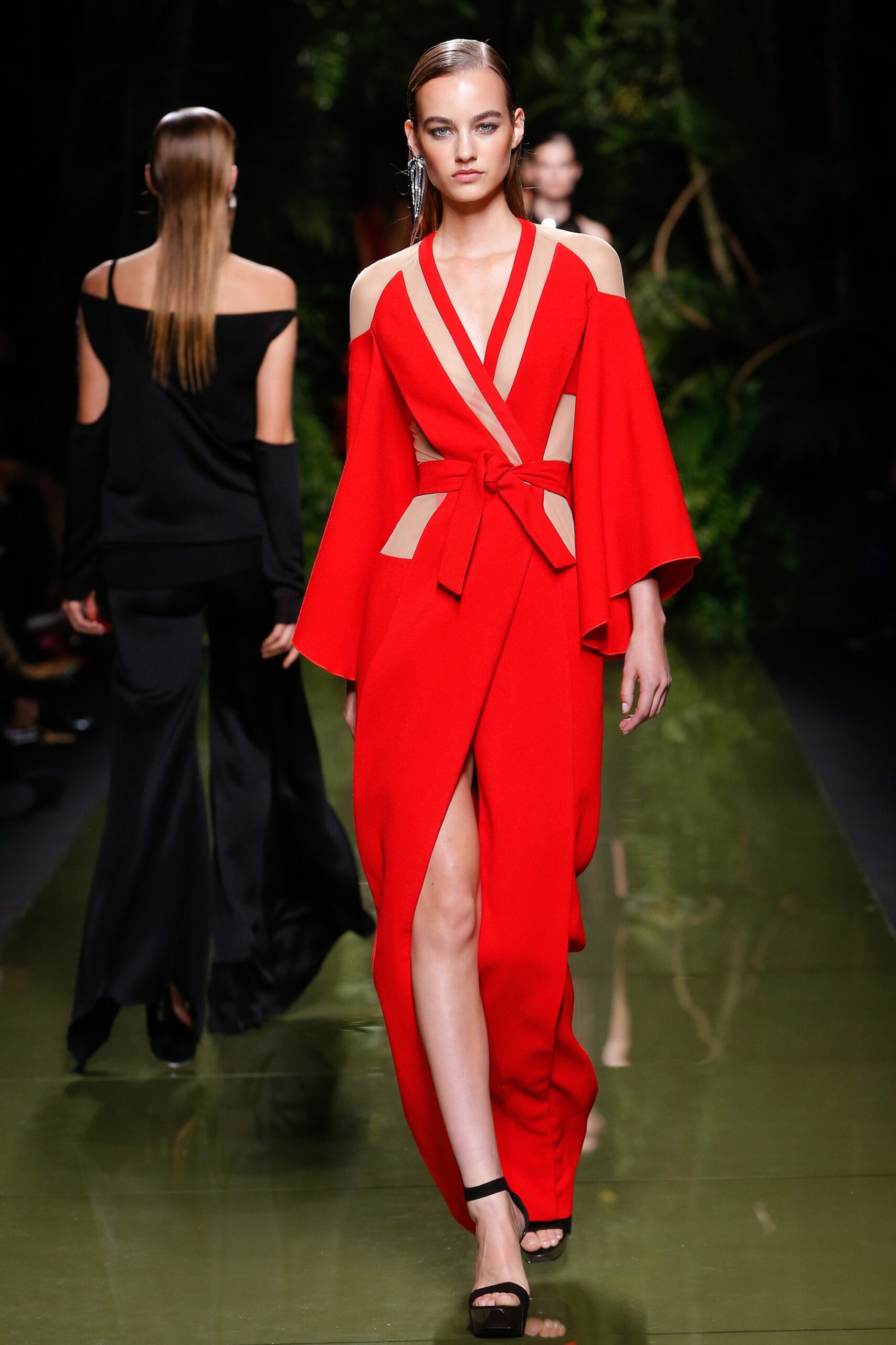 red cutout midi dress and black top
