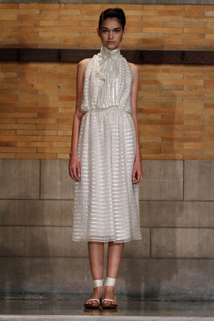 white chiffon sleeveless high-neck striped ruched midi-dress
