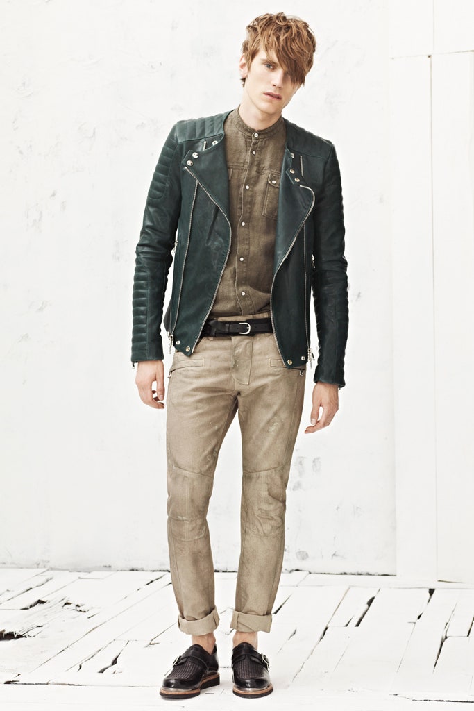 green leather jacket with gray shirt