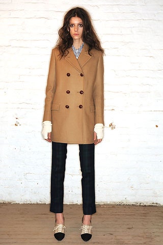 beige tailored coat with slim pants