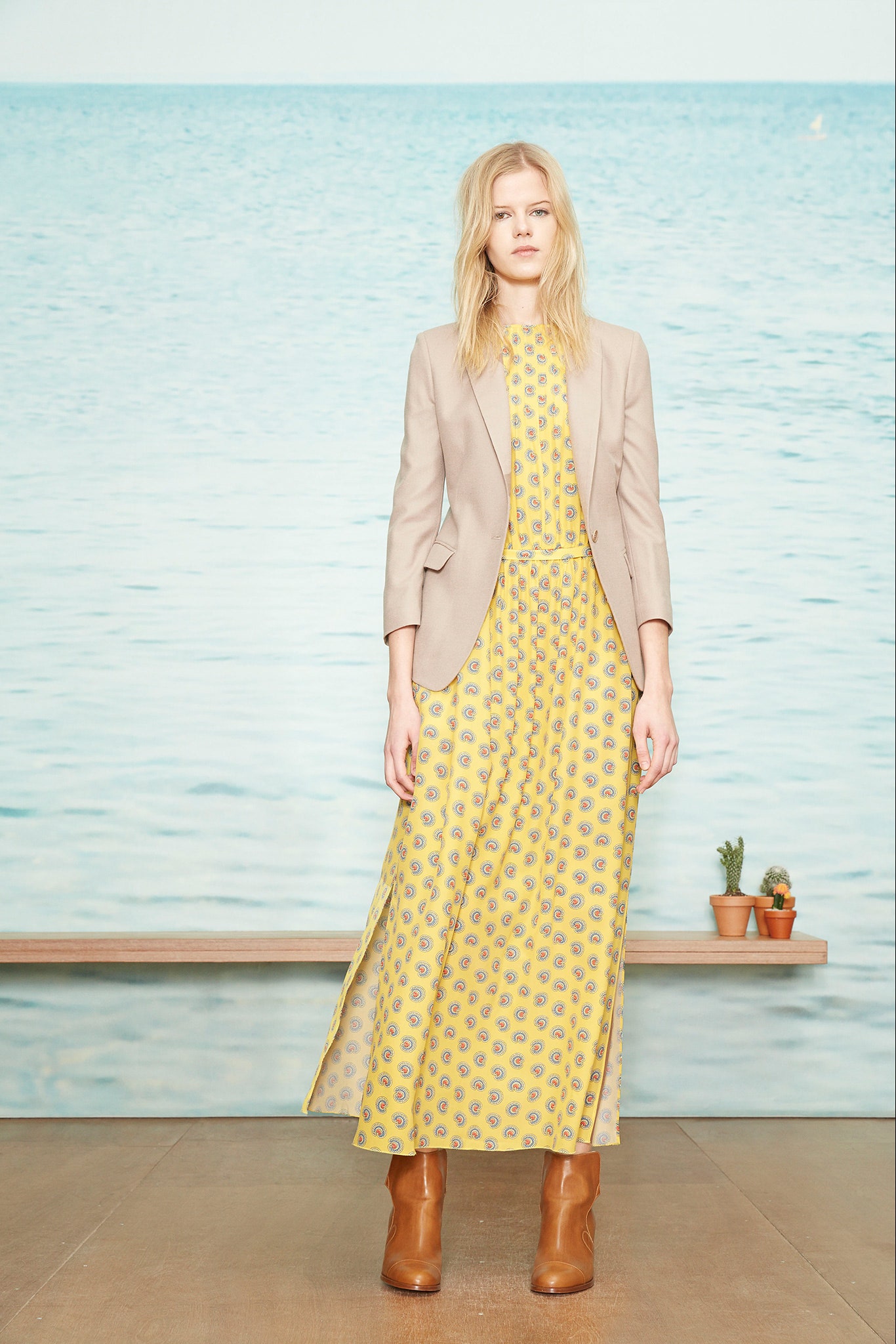 yellow silk sleeveless v-neck fitted printed tiered dress