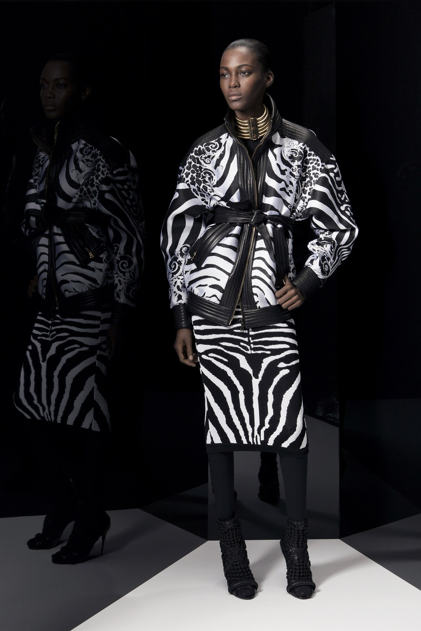 black and white printed jacket and skirt