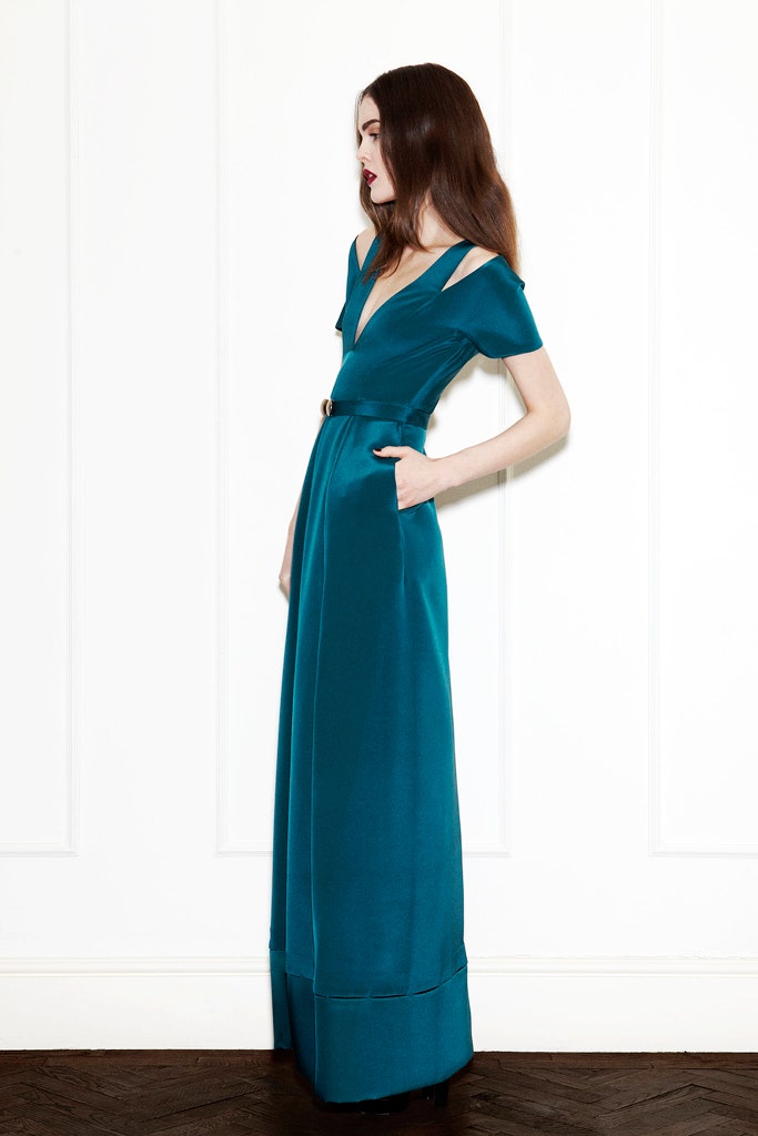 teal satin fitted gown