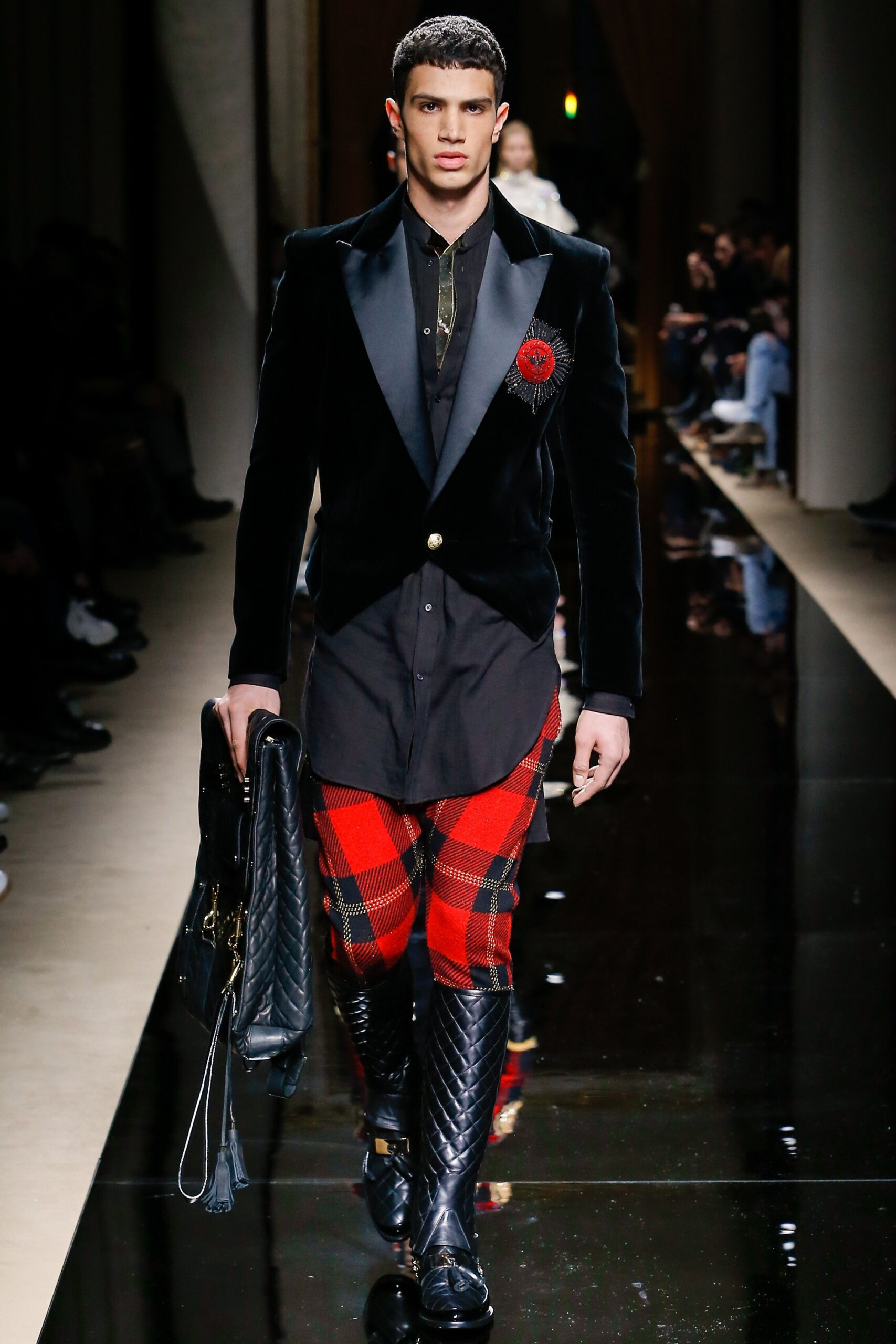 black velvet blazer with checked pants