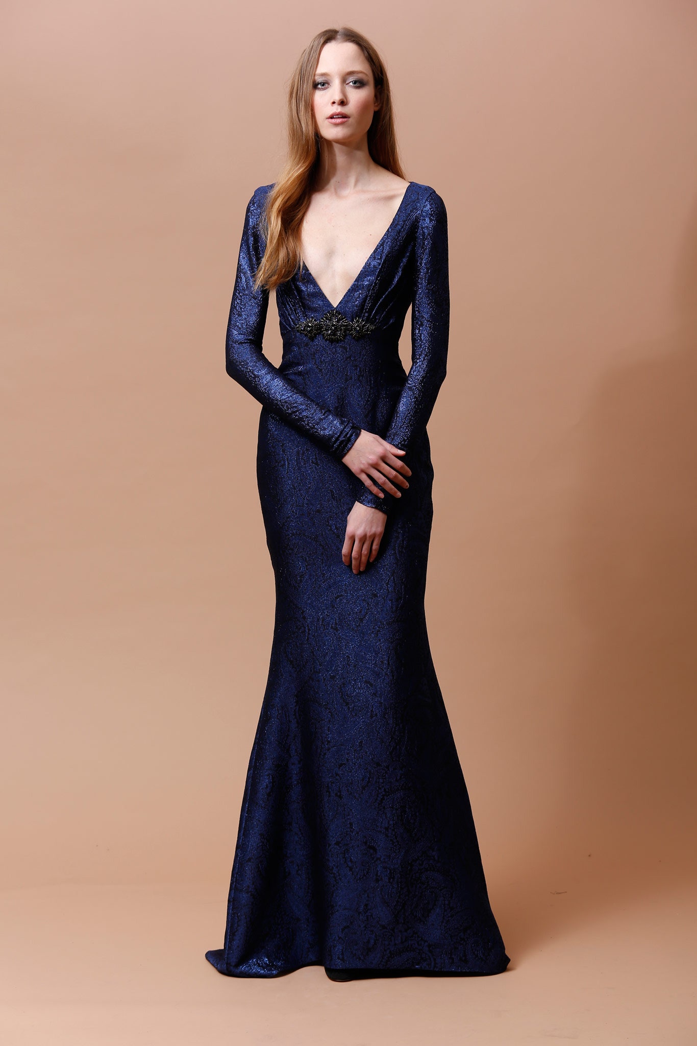 blue silk fitted gown