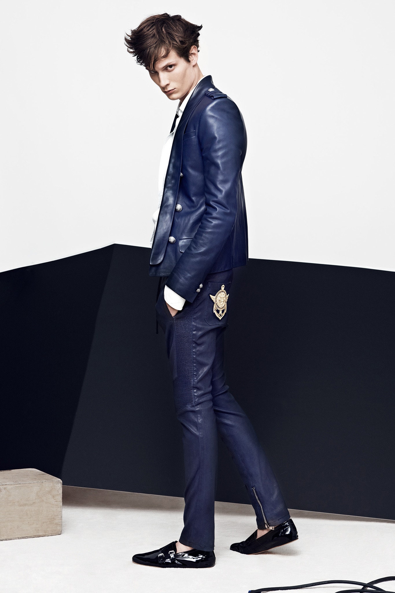 blue leather fitted jacket and pants