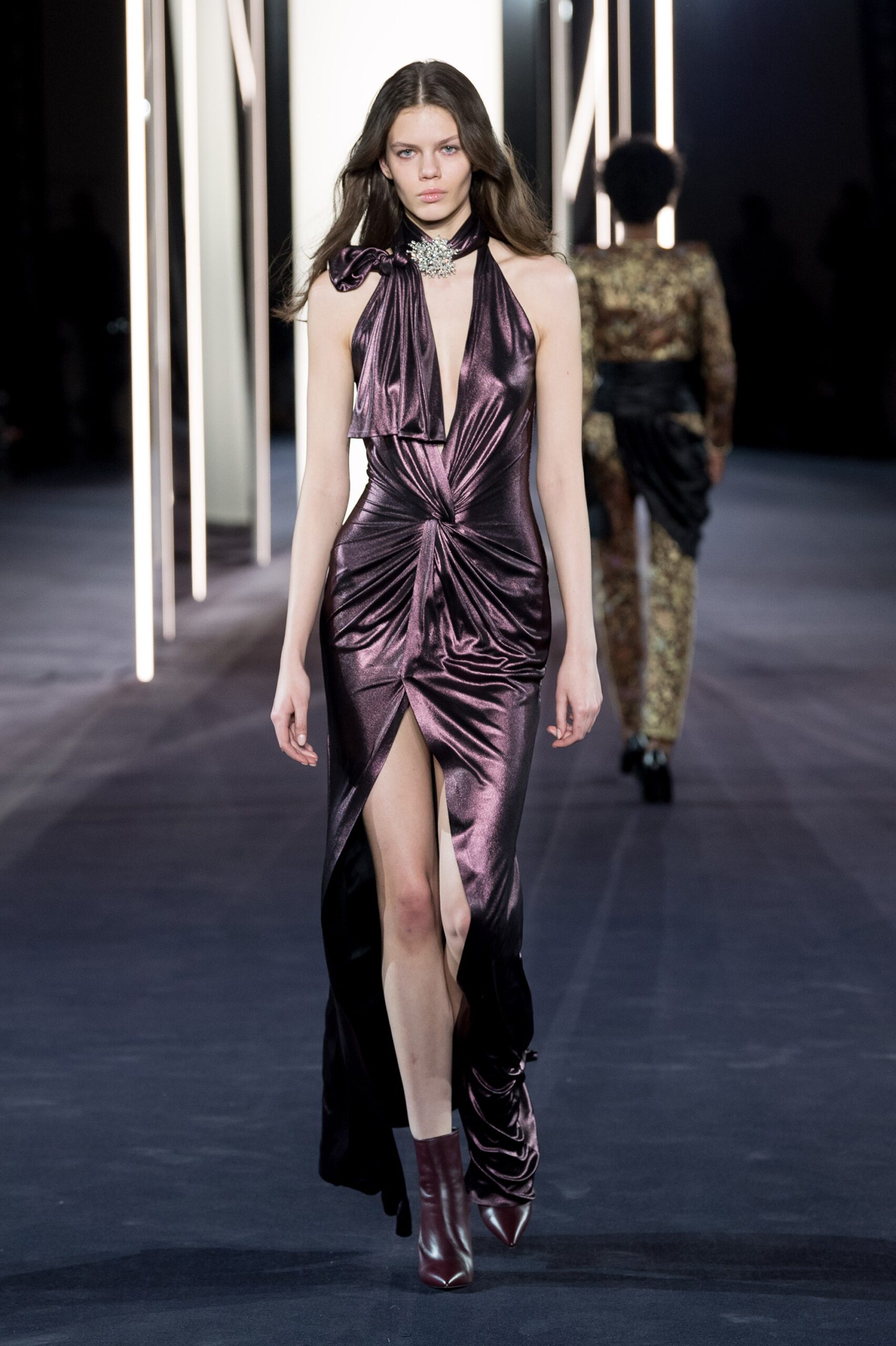 fitted purple silk gown