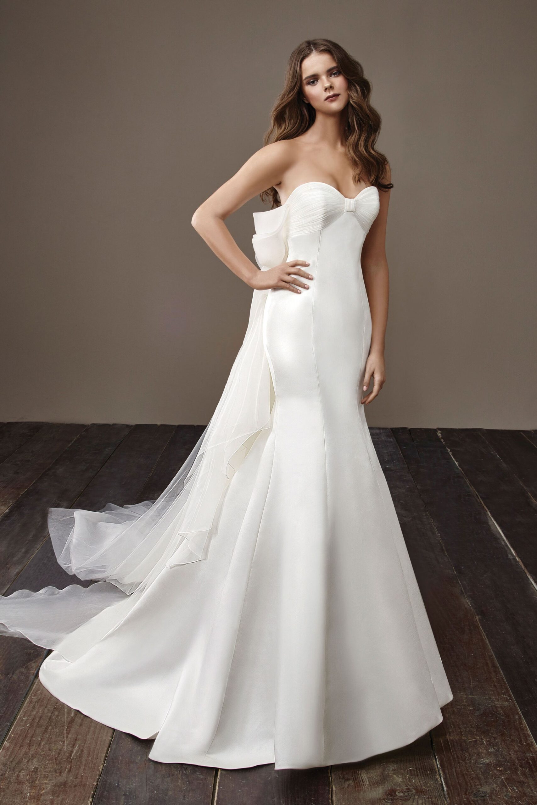 white silk strapless gown