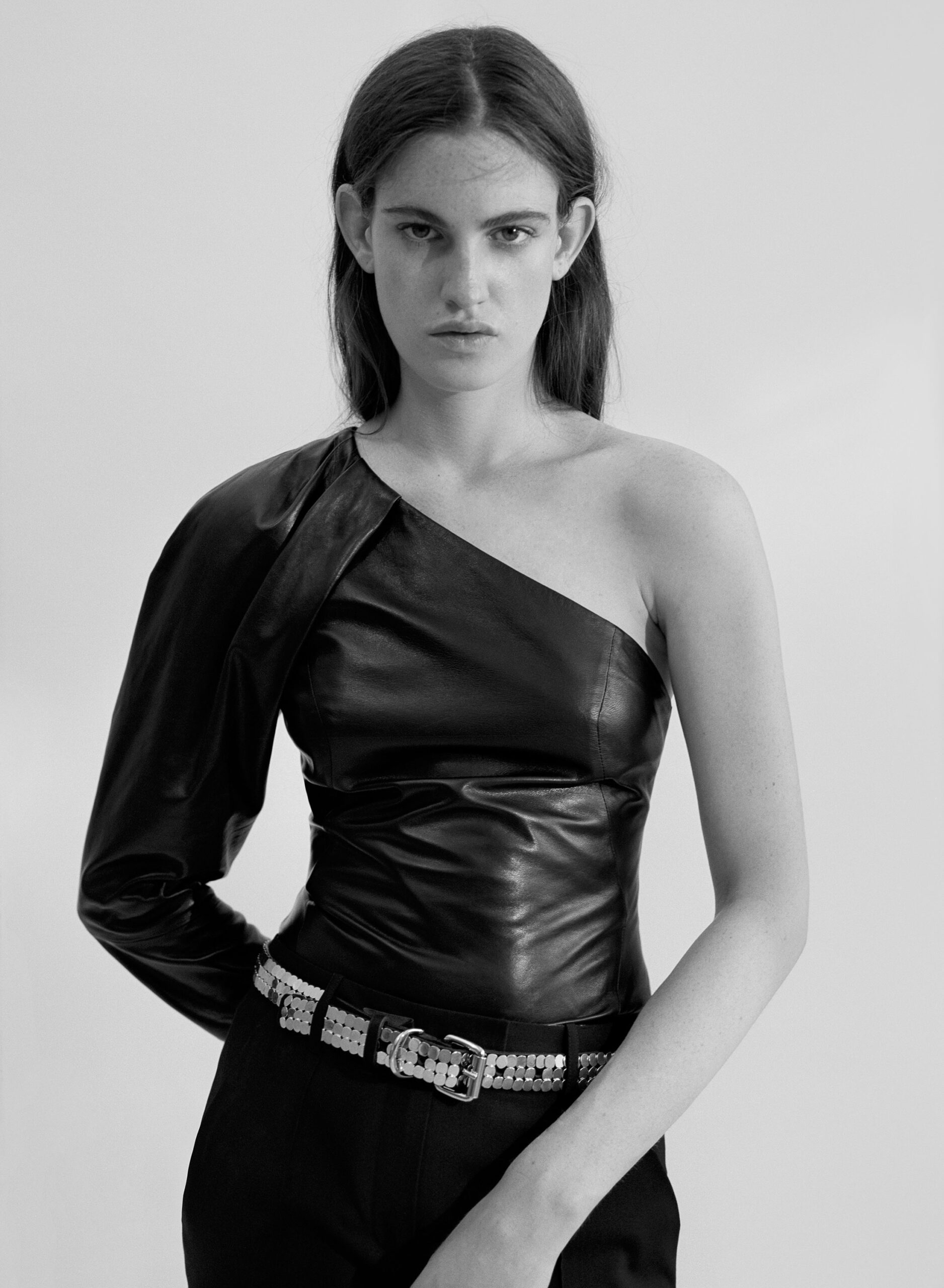 black leather asymmetric top