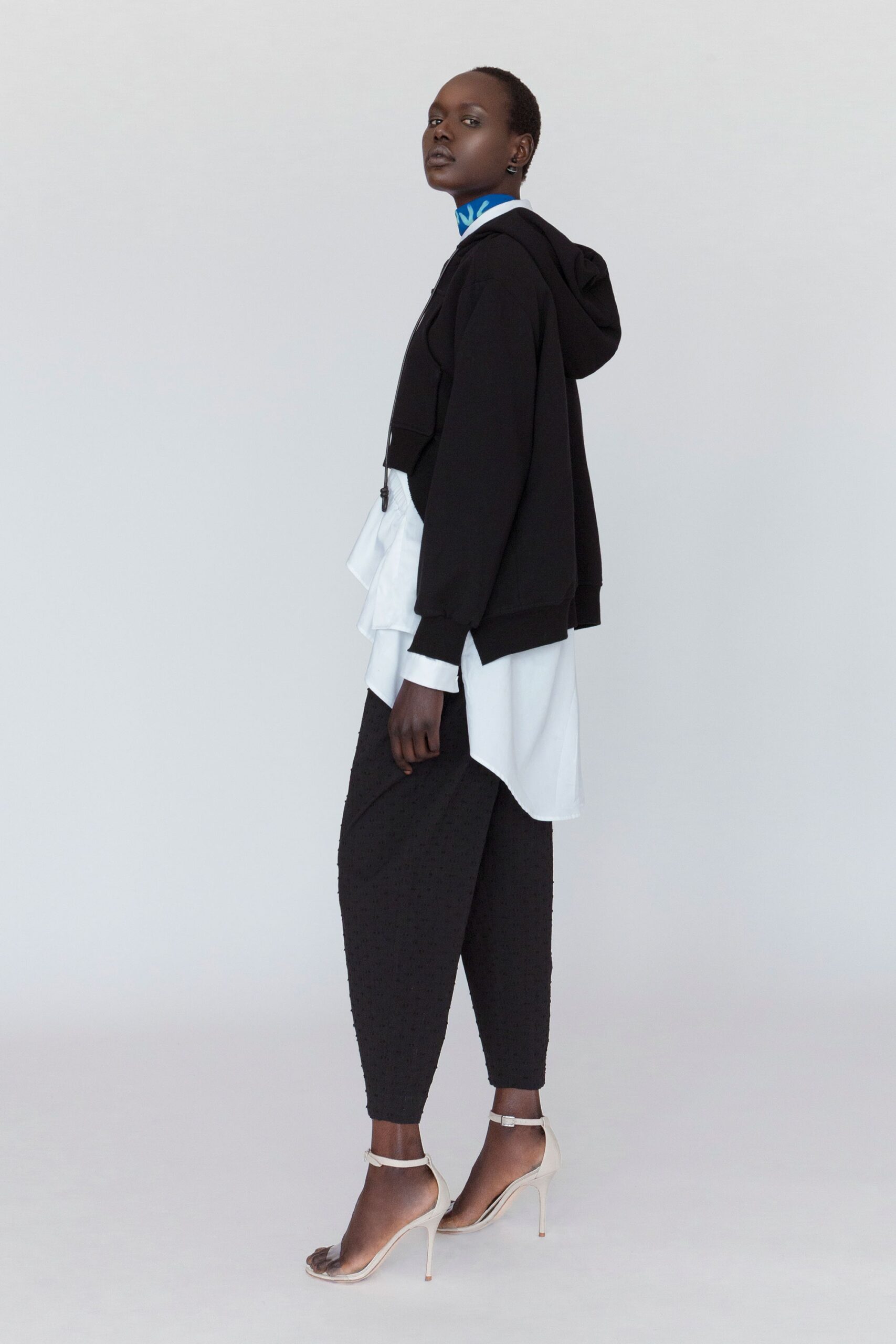 white cotton long-sleeve collared fitted layered shirt