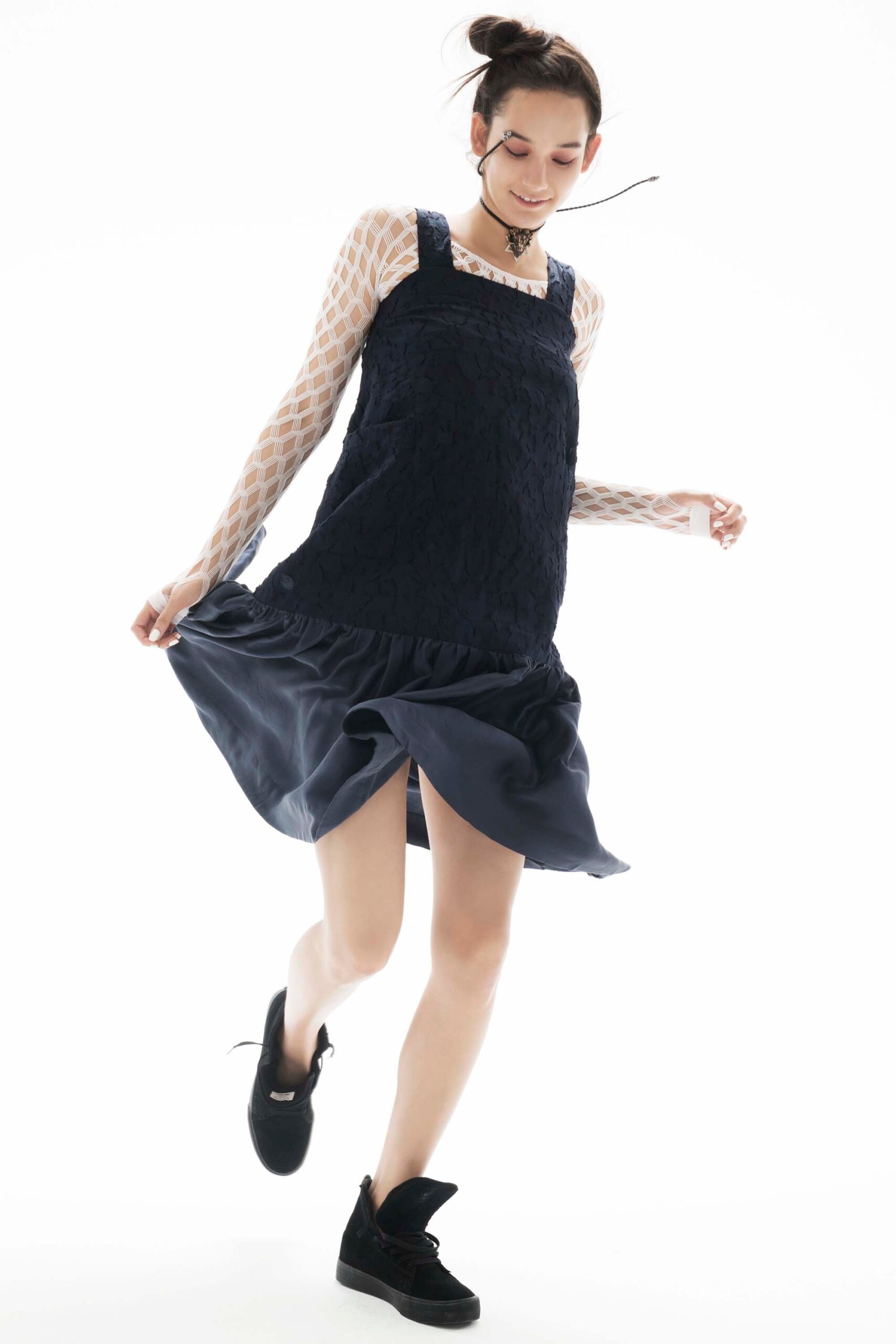 navy ruffled mini dress with mesh top