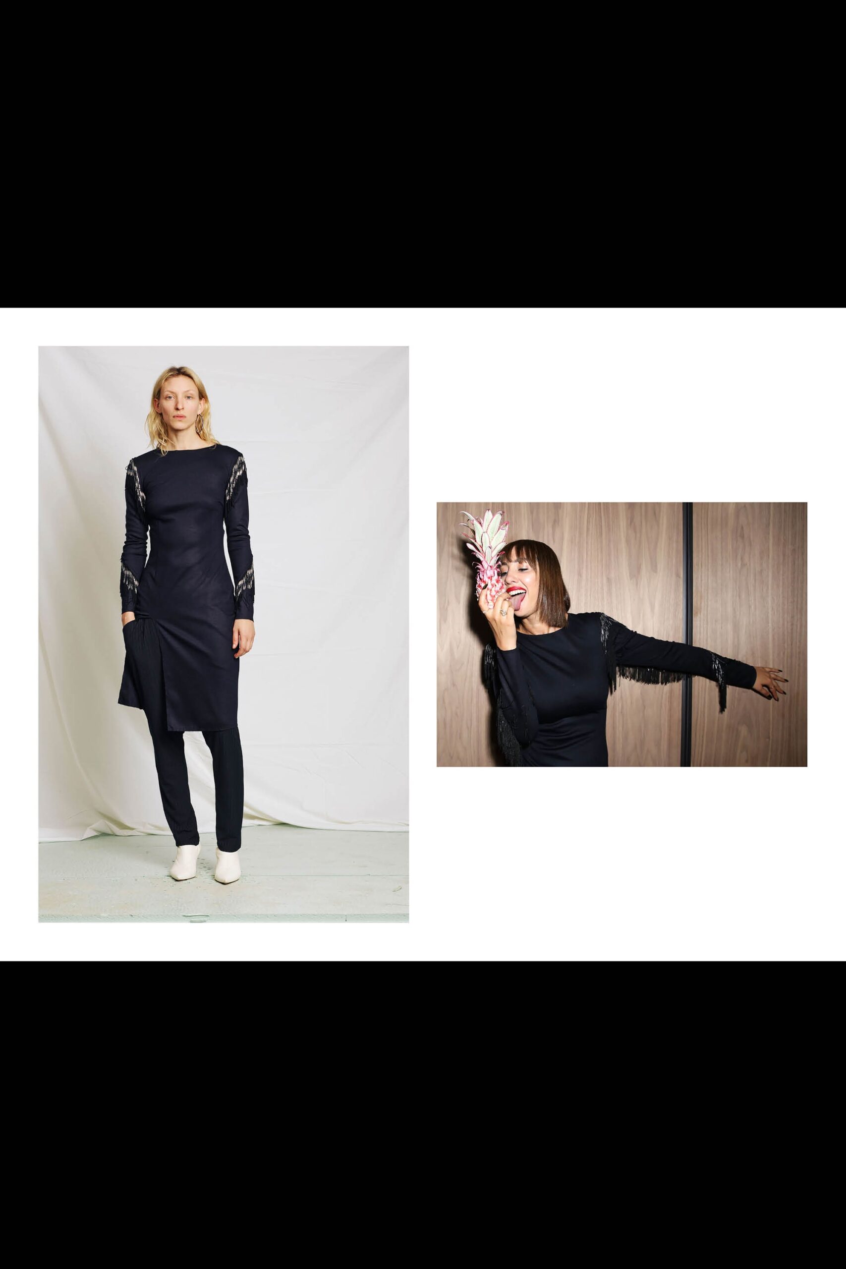 black fitted midi dress with asymmetric detail