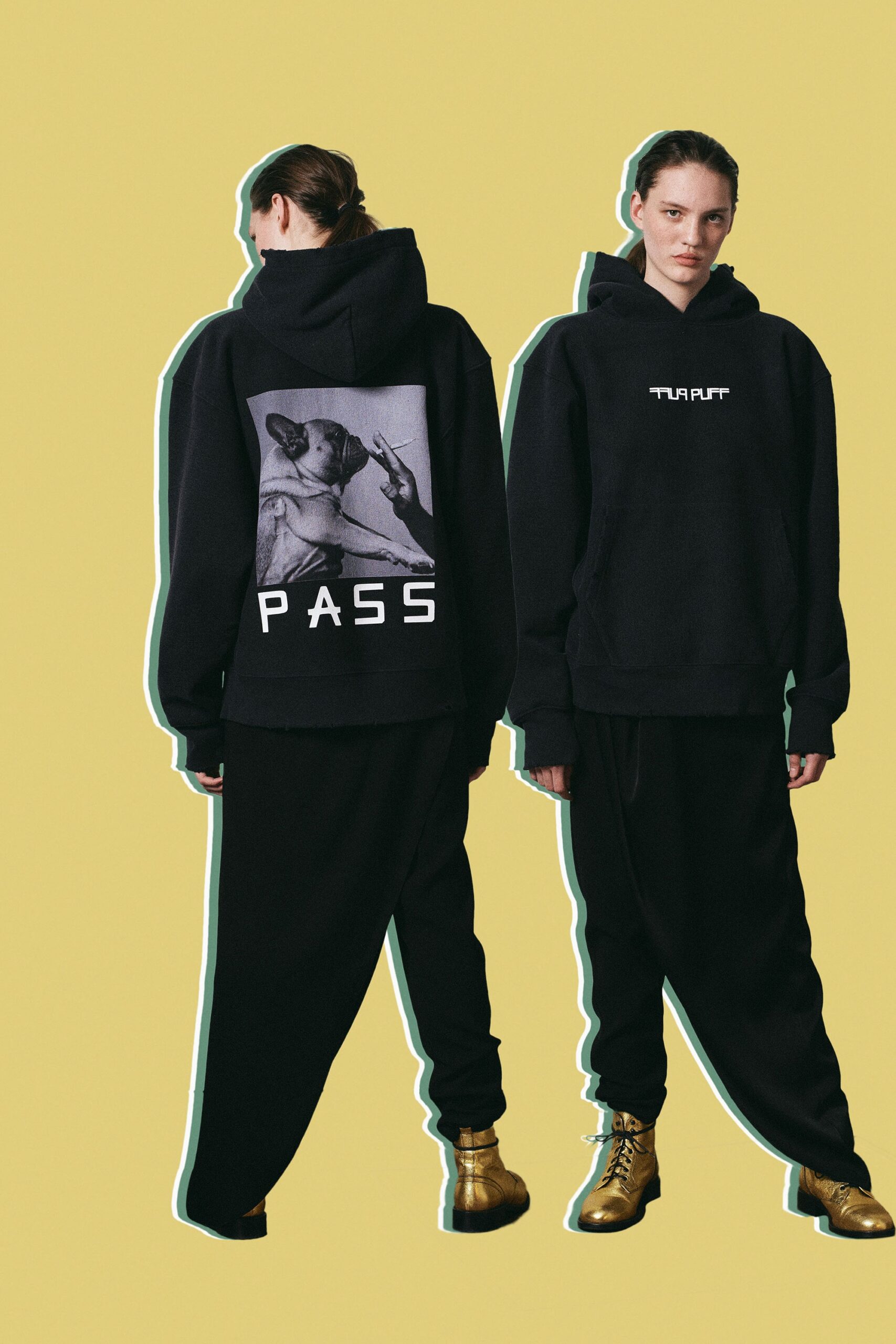 black oversized hoodie and relaxed pants