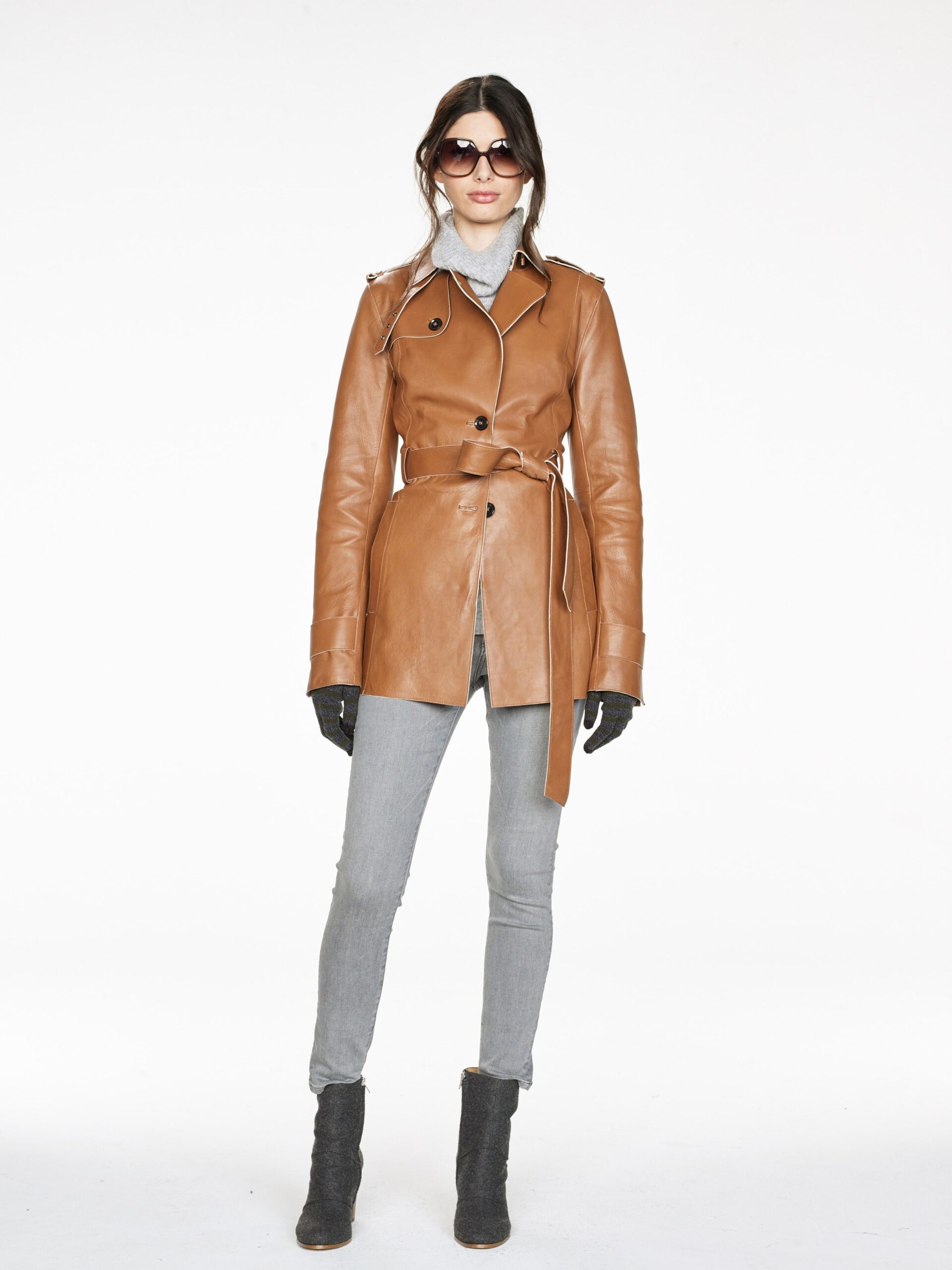 brown leather fitted coat