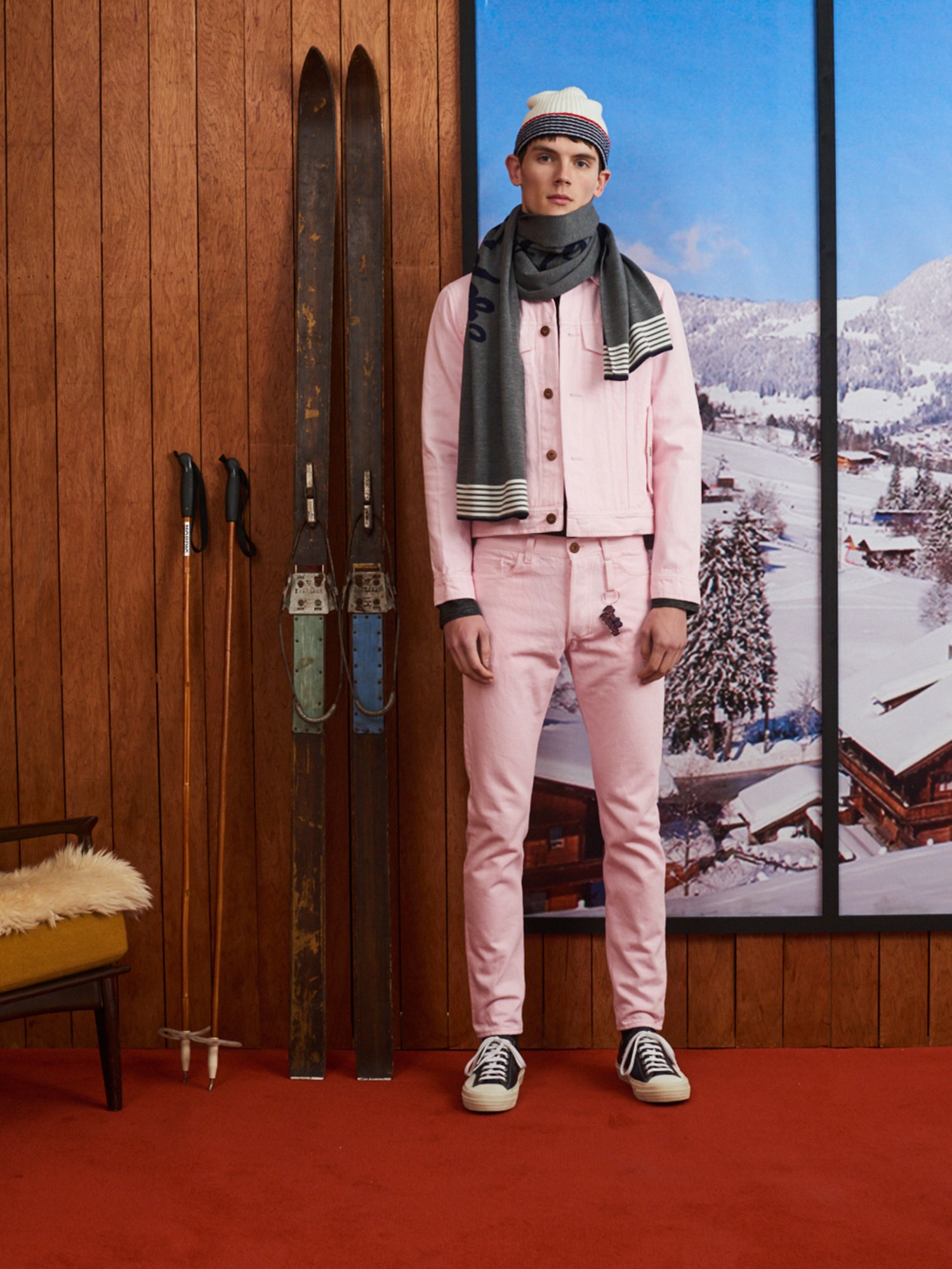 pink denim fitted straight-leg pants