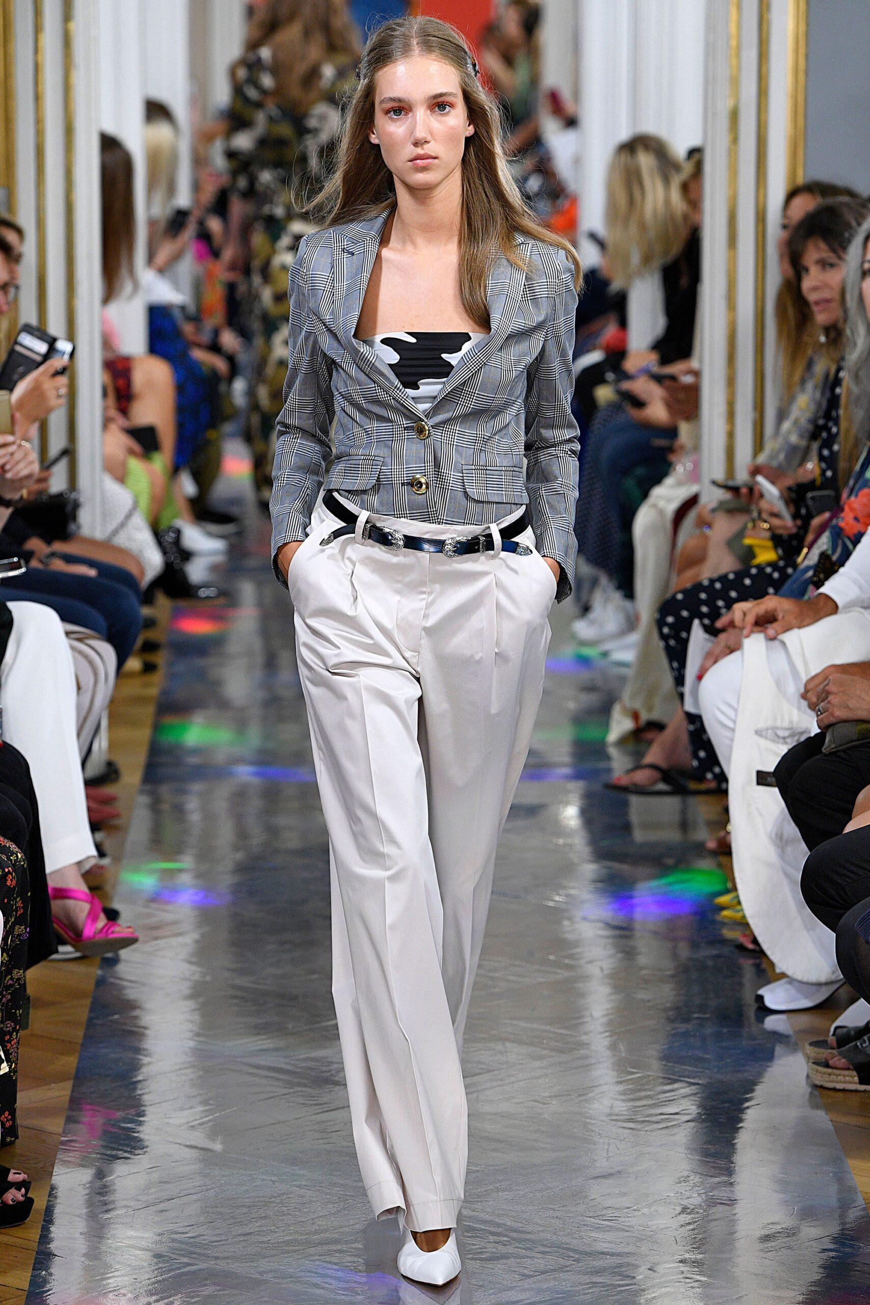 gray checked blazer with white pants