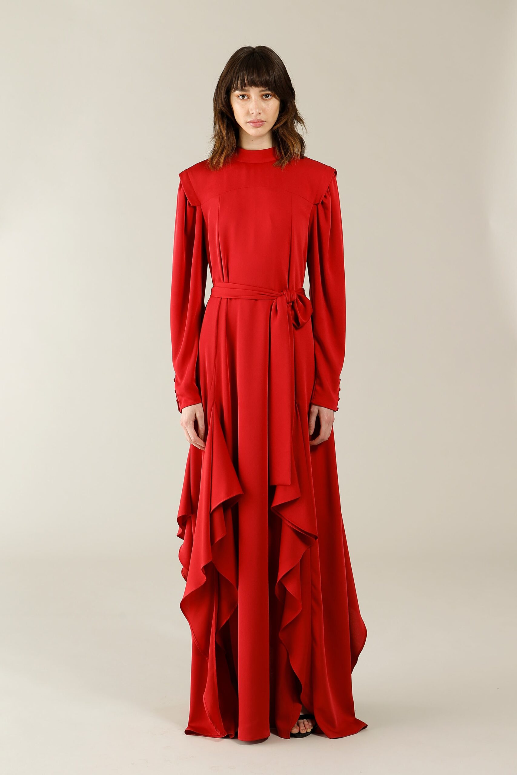 red silk long-sleeve gown
