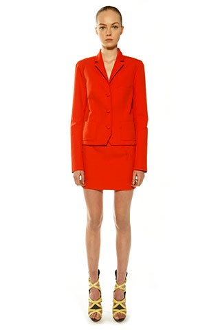 red fitted blazer and skirt