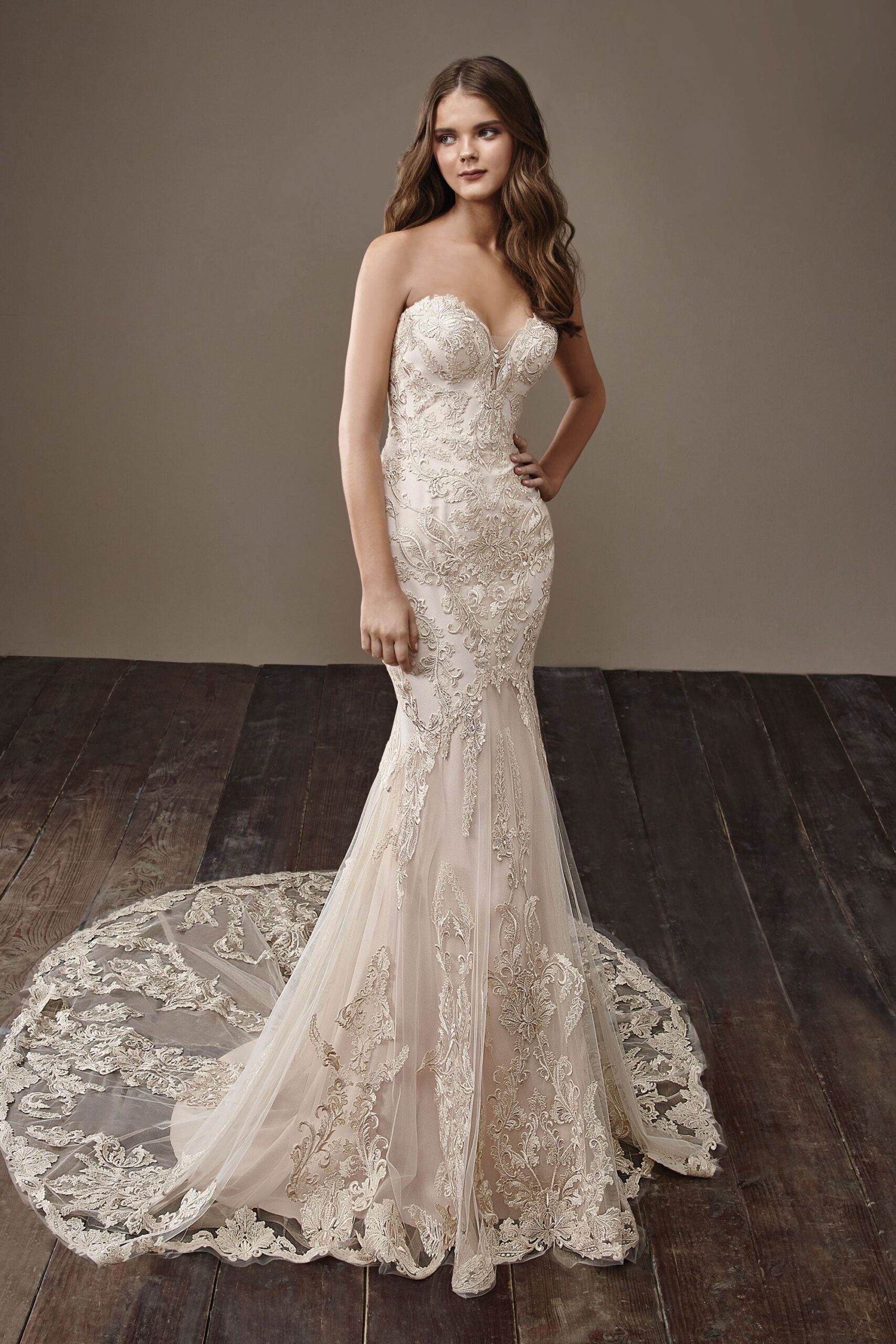 ivory lace strapless gown
