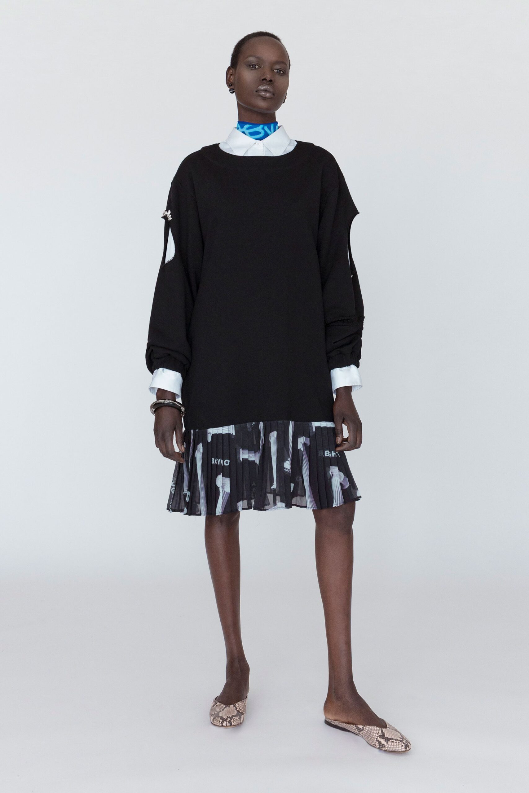 black cotton long-sleeve relaxed layered mini dress