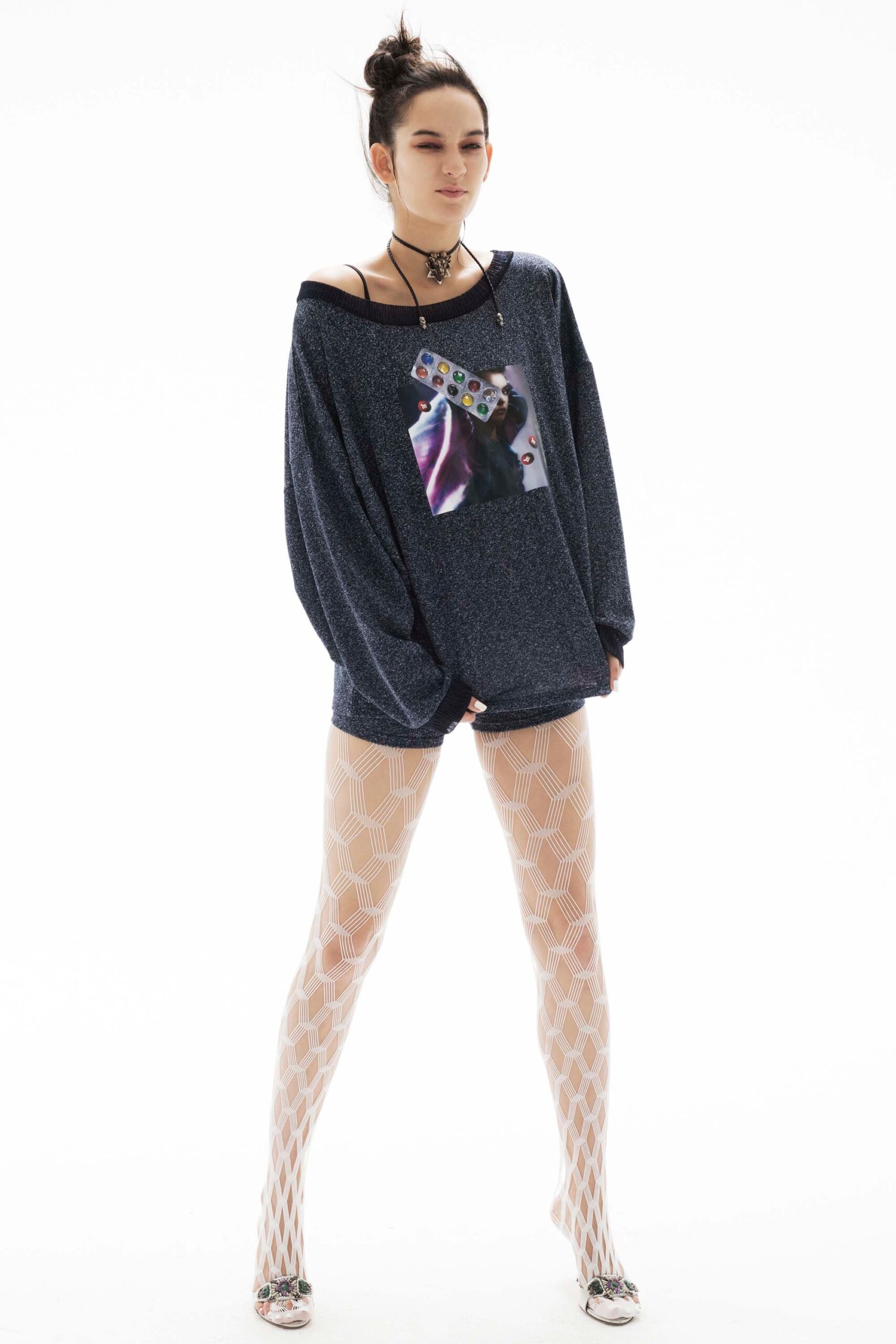 blue oversized top with printed design