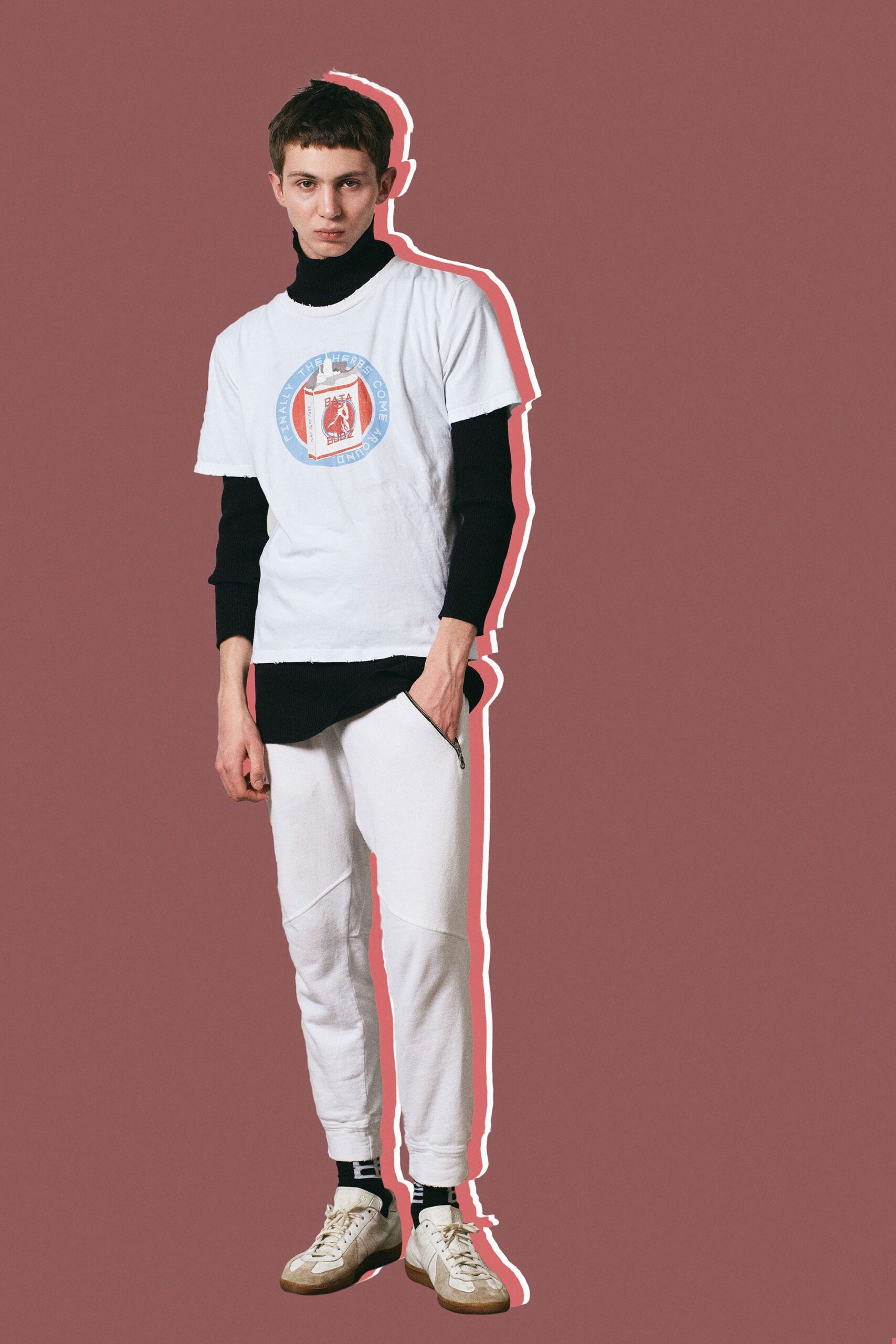 white t-shirt black turtleneck pants