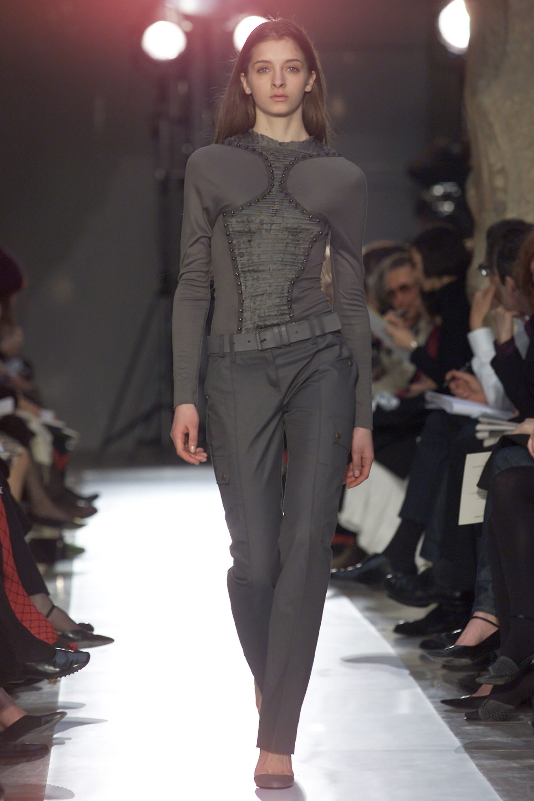gray cotton long-sleeve high-neck fitted zippered top