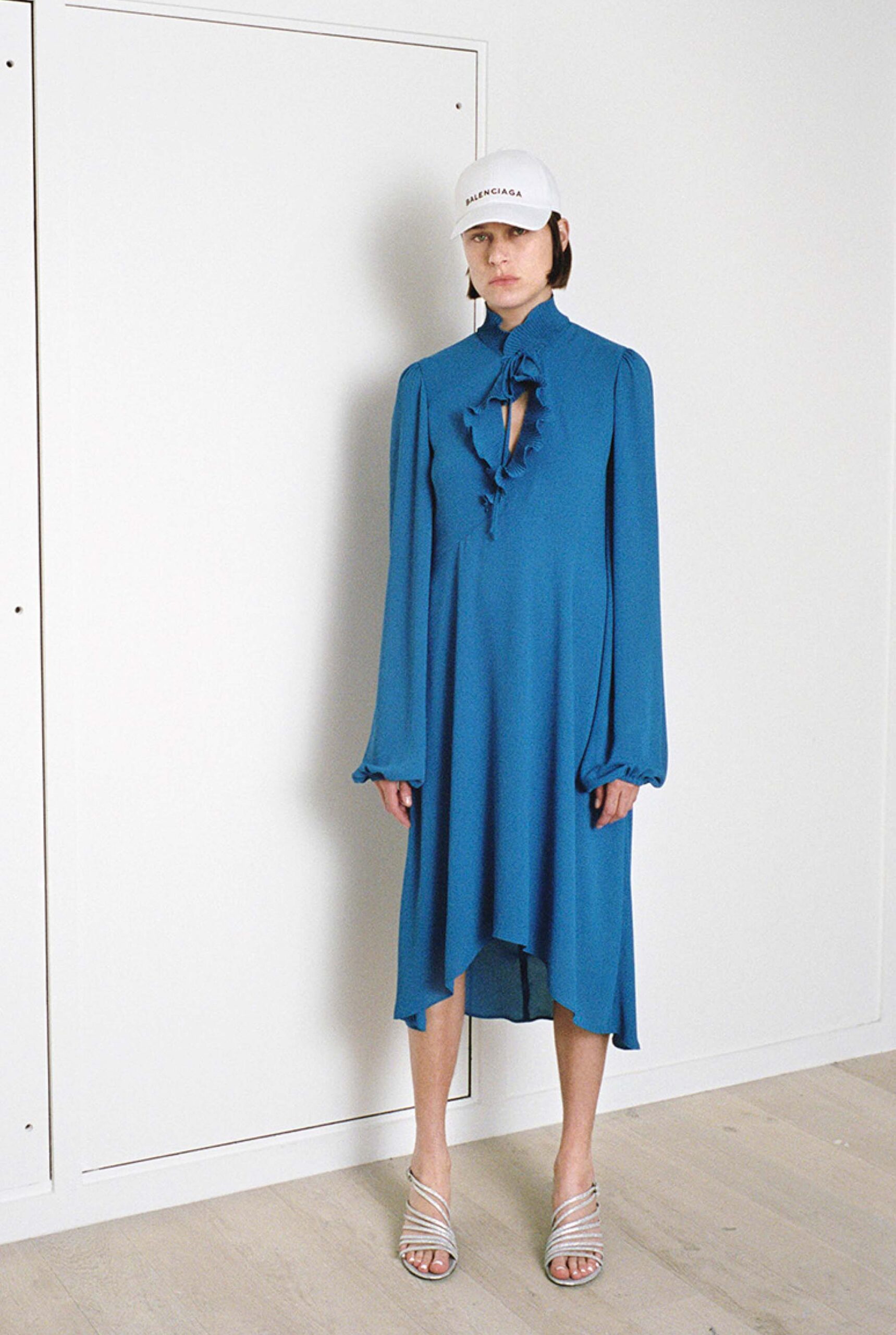 blue silk long-sleeve high-neck relaxed ruffled midi dress