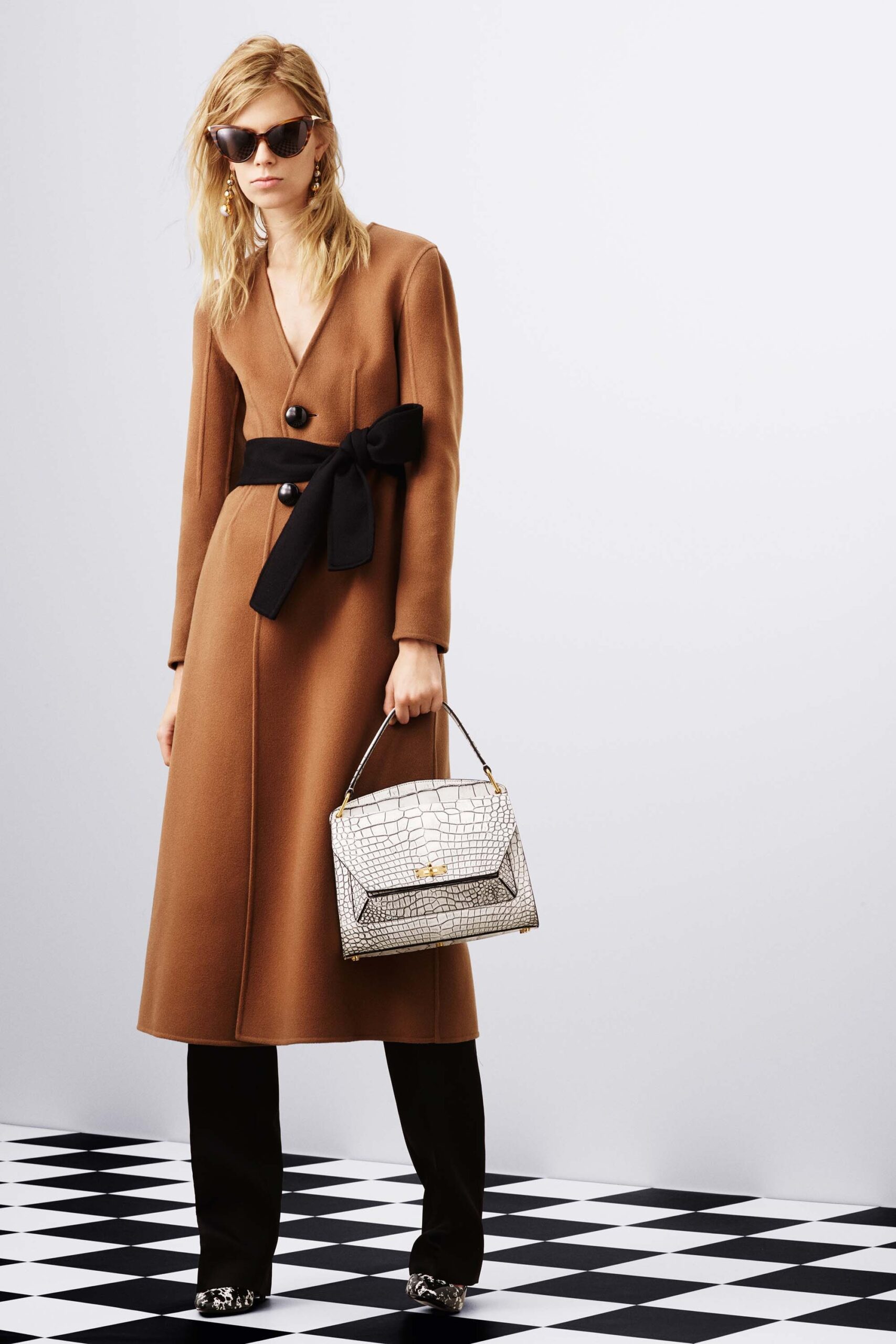 brown wool long-sleeve collared tailored belted midi coat