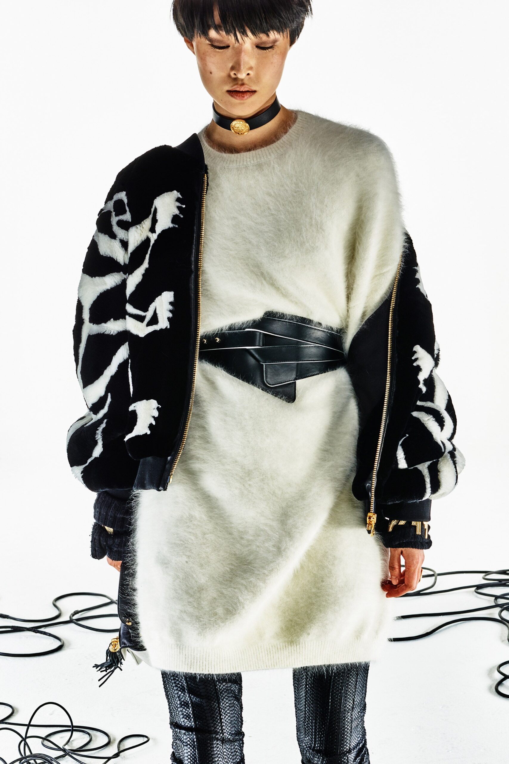 white wool relaxed dress with black jacket