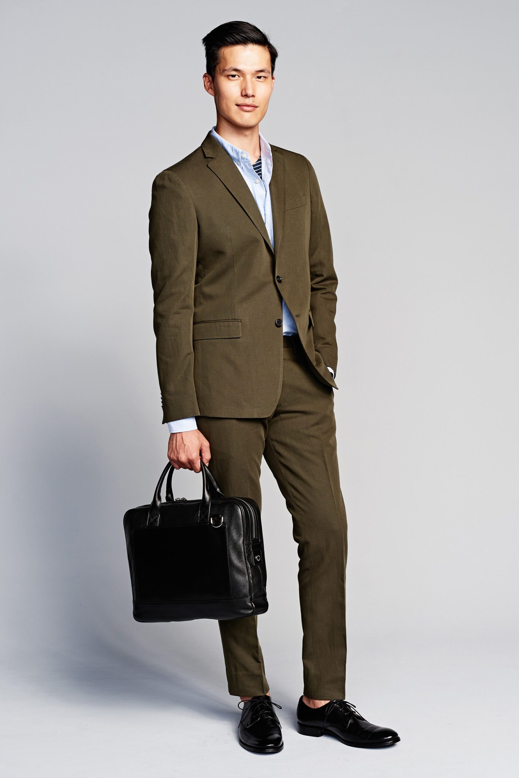 green cotton long-sleeve collared tailored buttoned suit