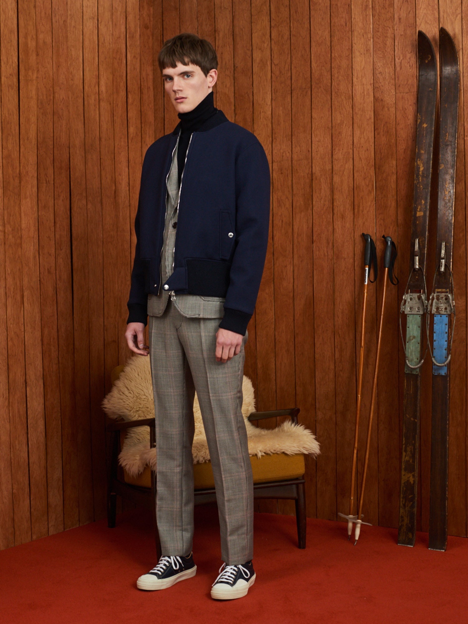 navy jacket gray shirt tailored pants