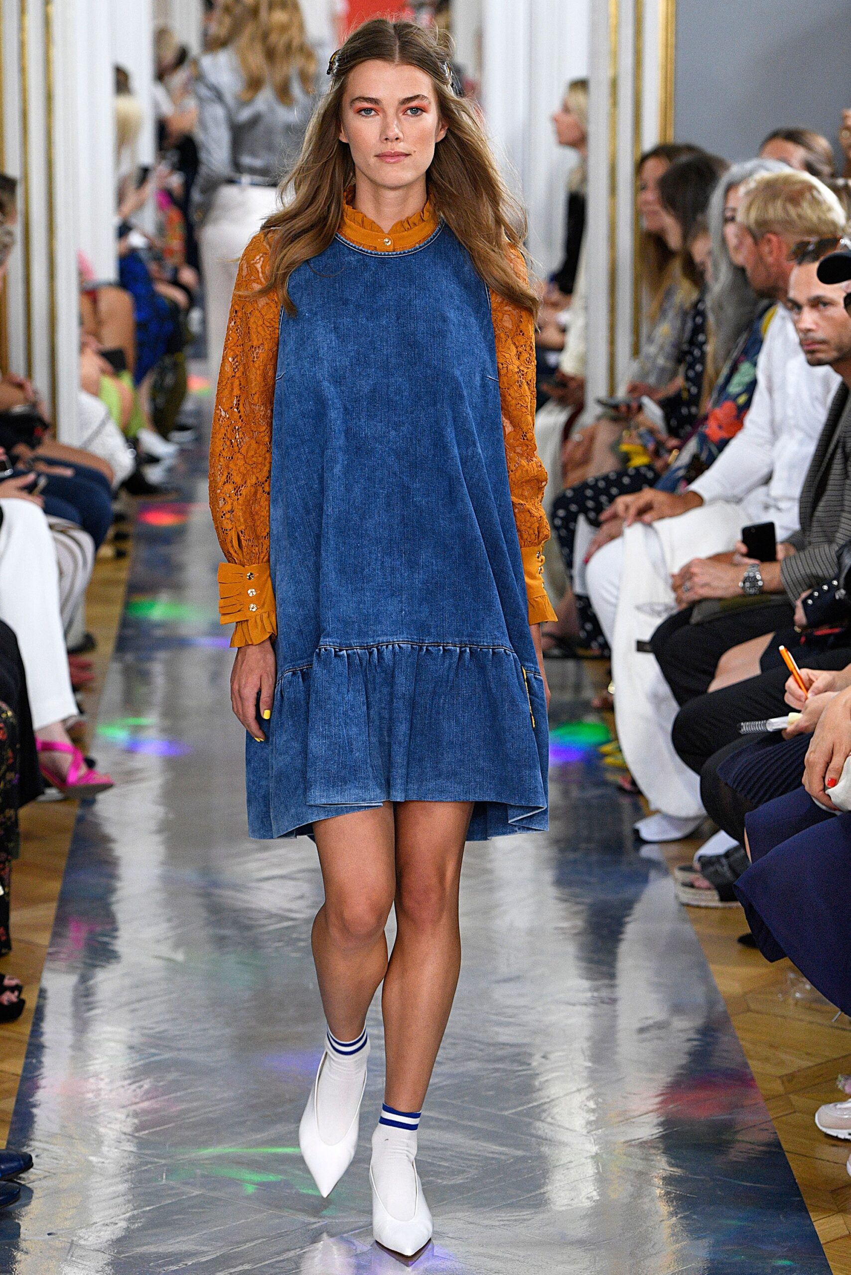 blue denim mini dress with orange blouse