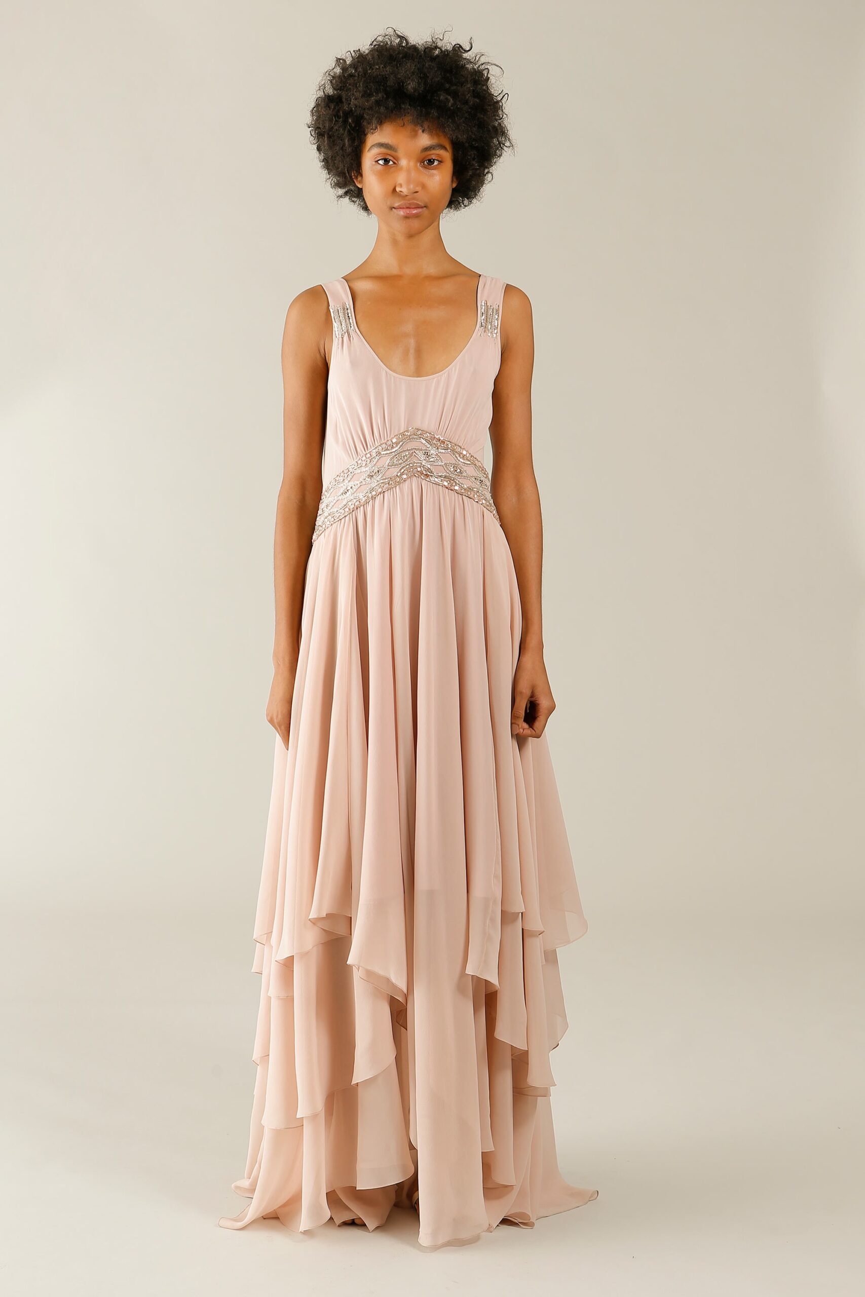pink chiffon sleeveless gown