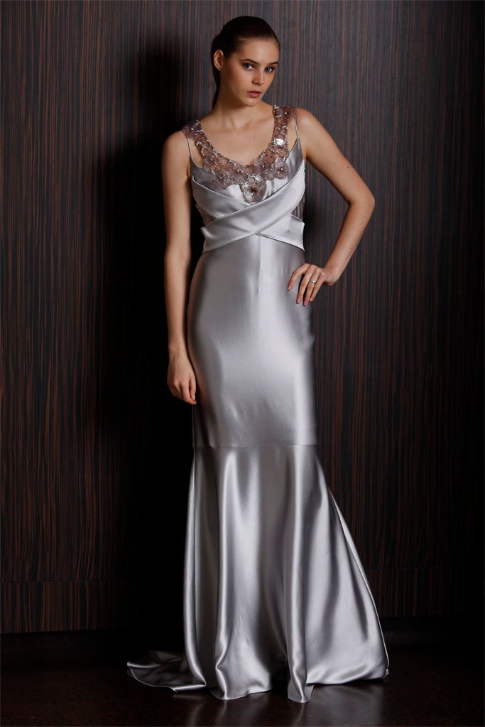 silver satin fitted gown