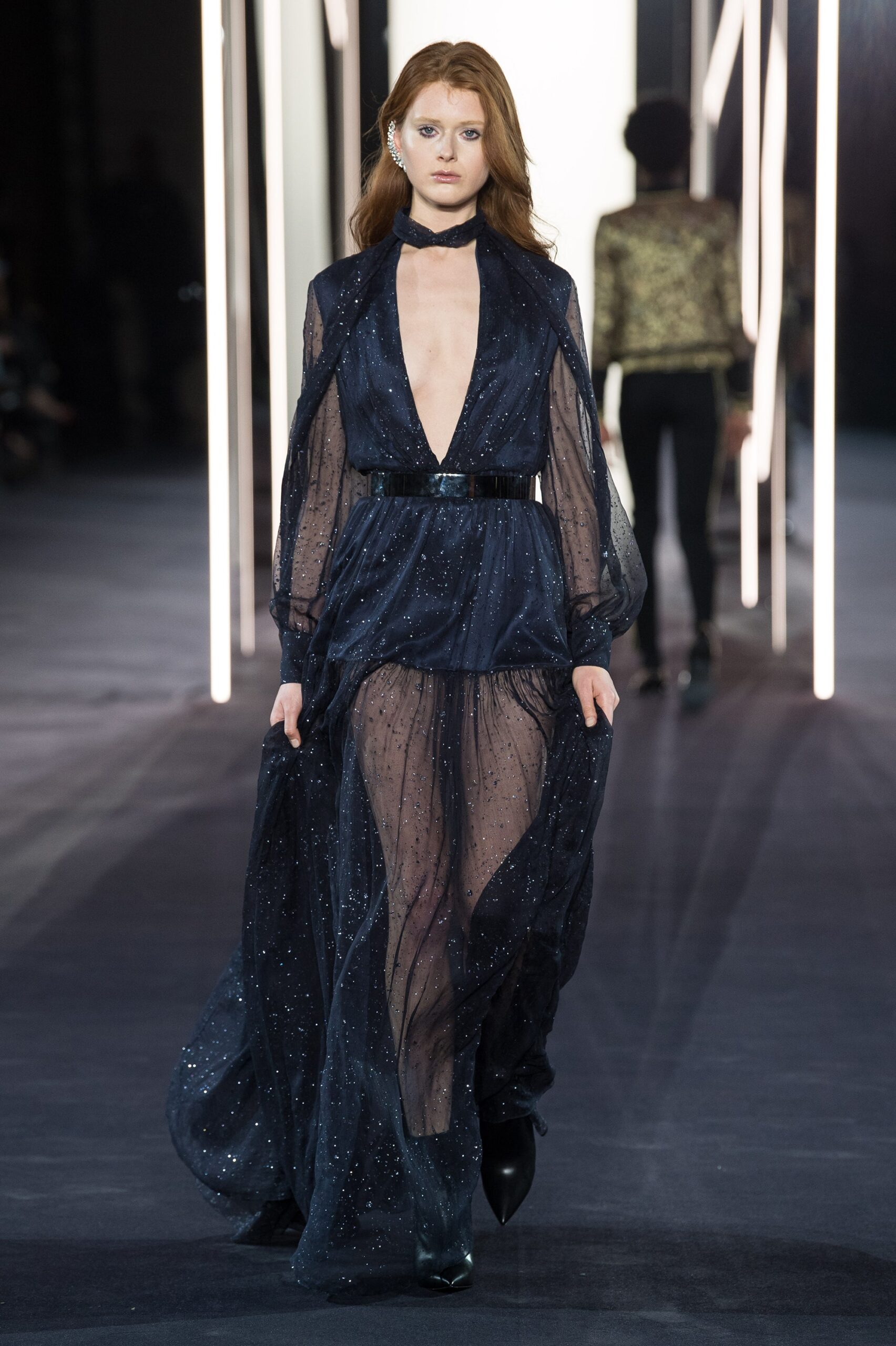 blue silk long-sleeve gown