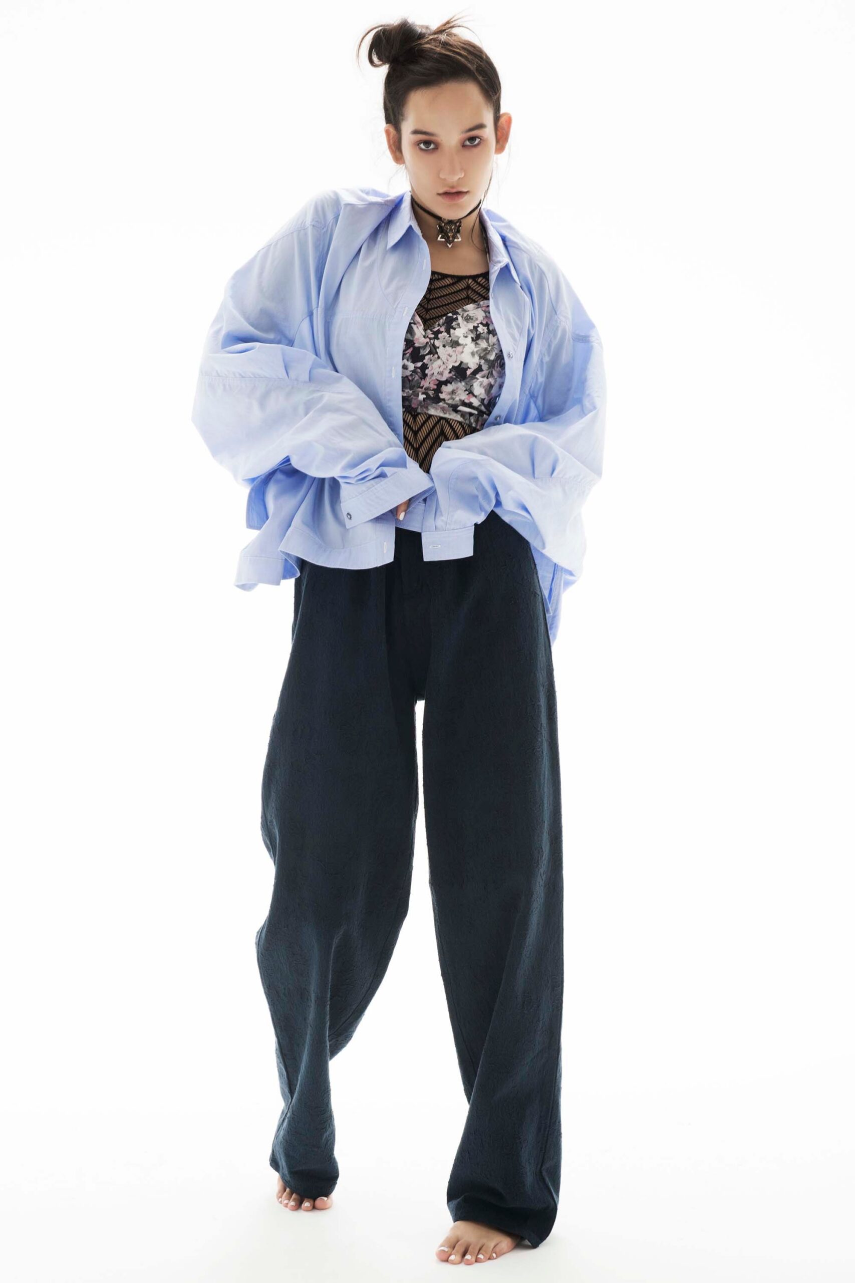 blue oversized shirt with black lace top