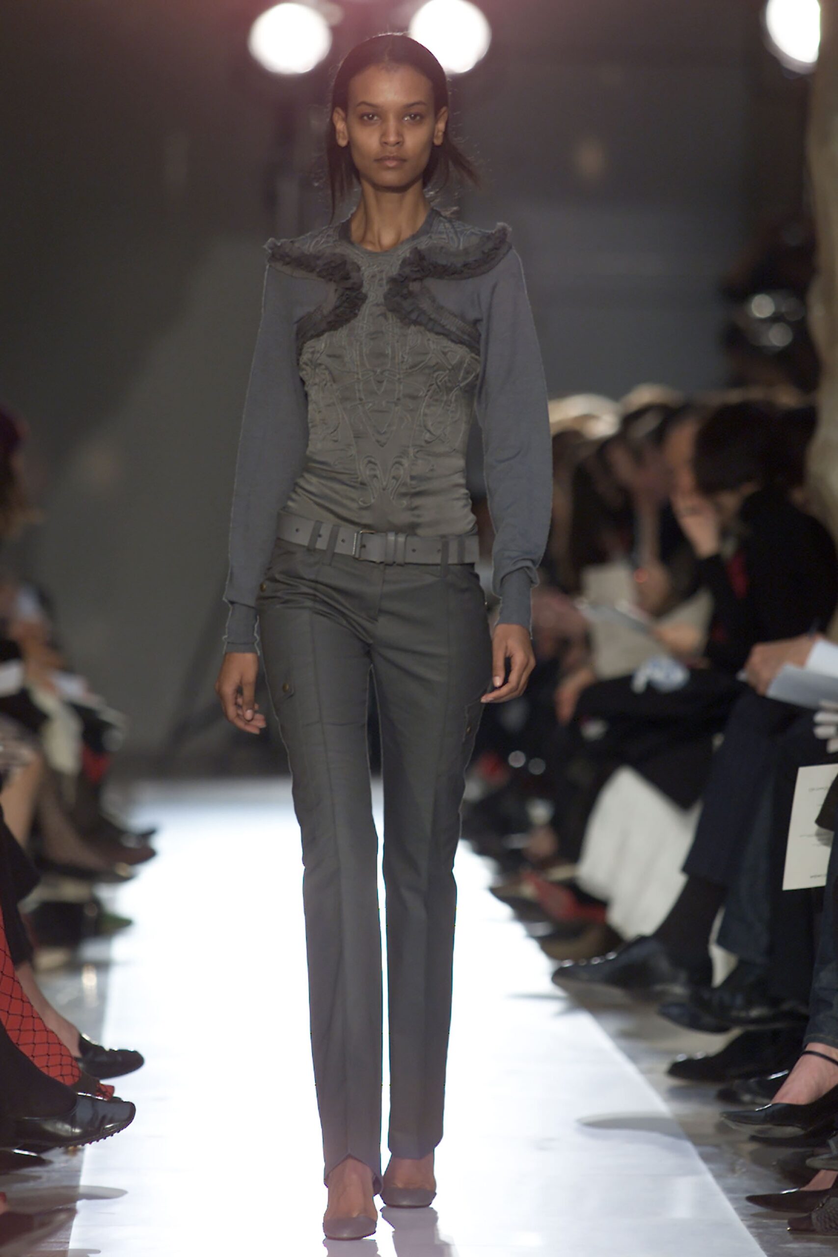 fitted gray embroidered top and tailored pants