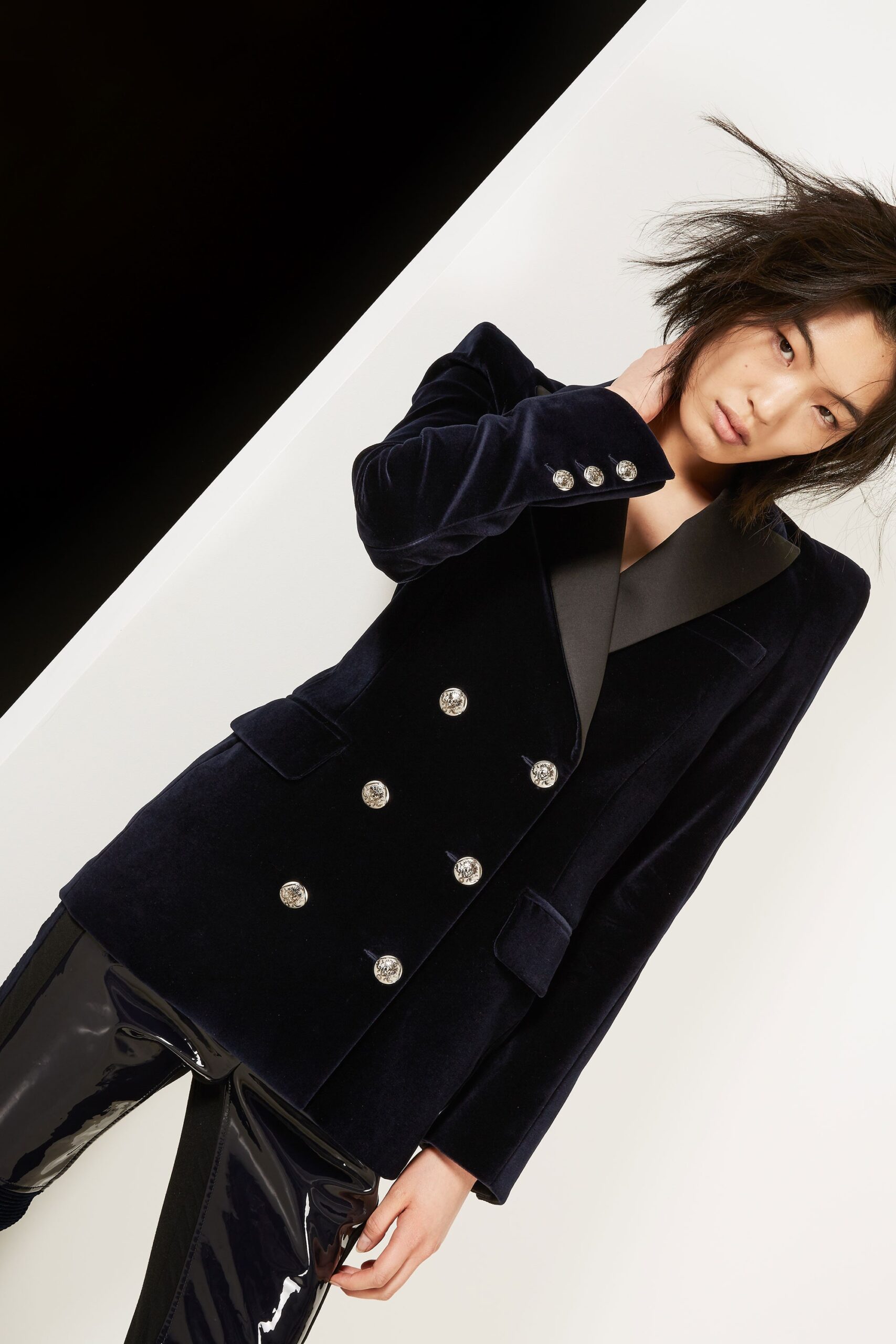 black velvet blazer and vinyl pants