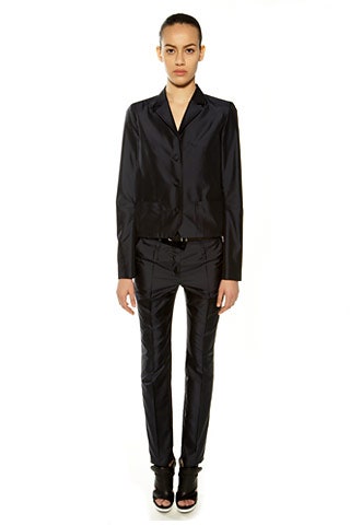 black silk long-sleeve collared fitted buttoned shiny blazer