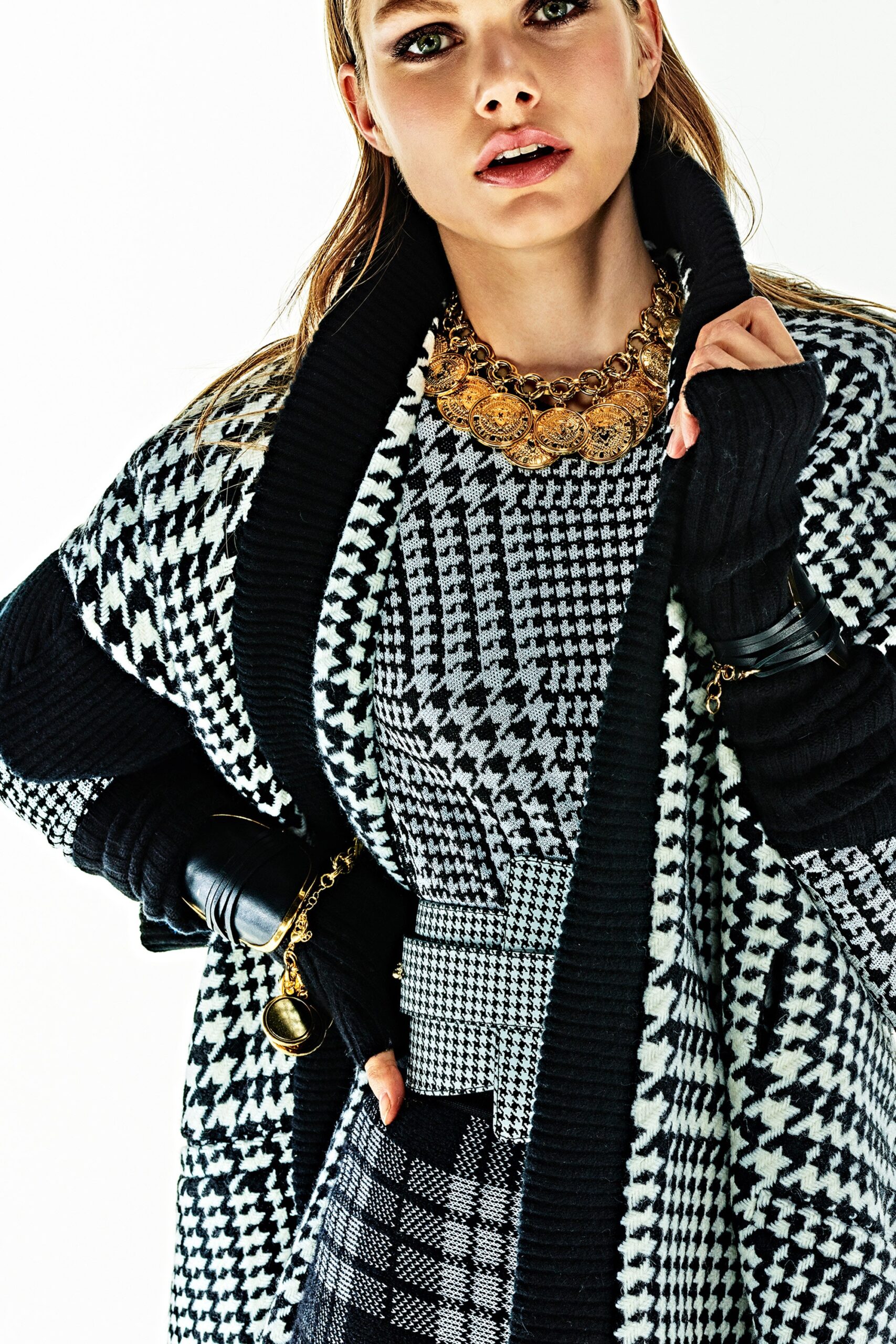 oversized black and white cardigan with fitted dress