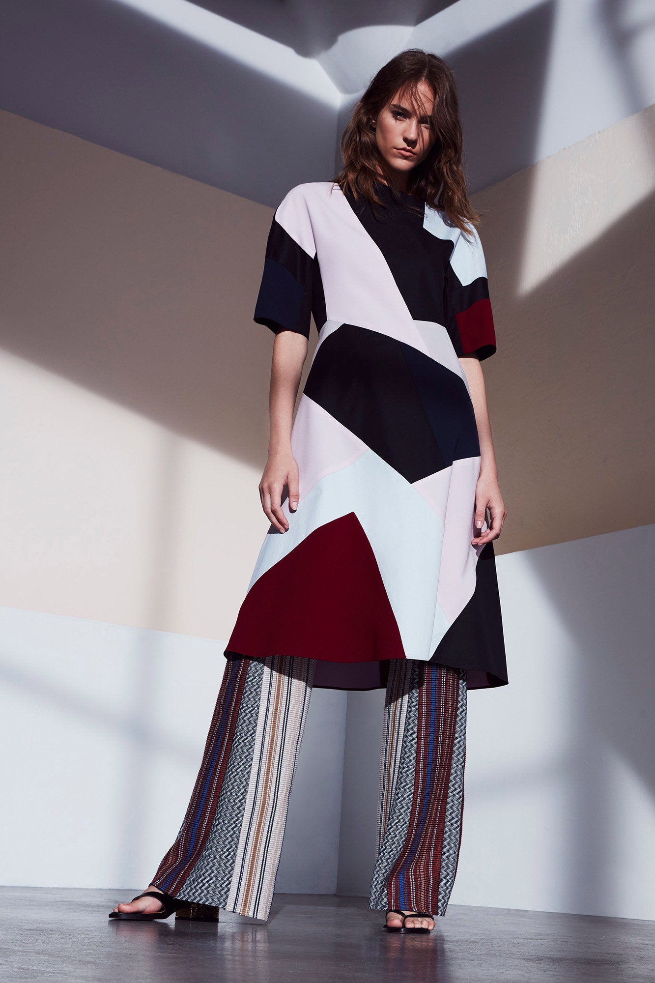 color-blocked midi dress with striped pants