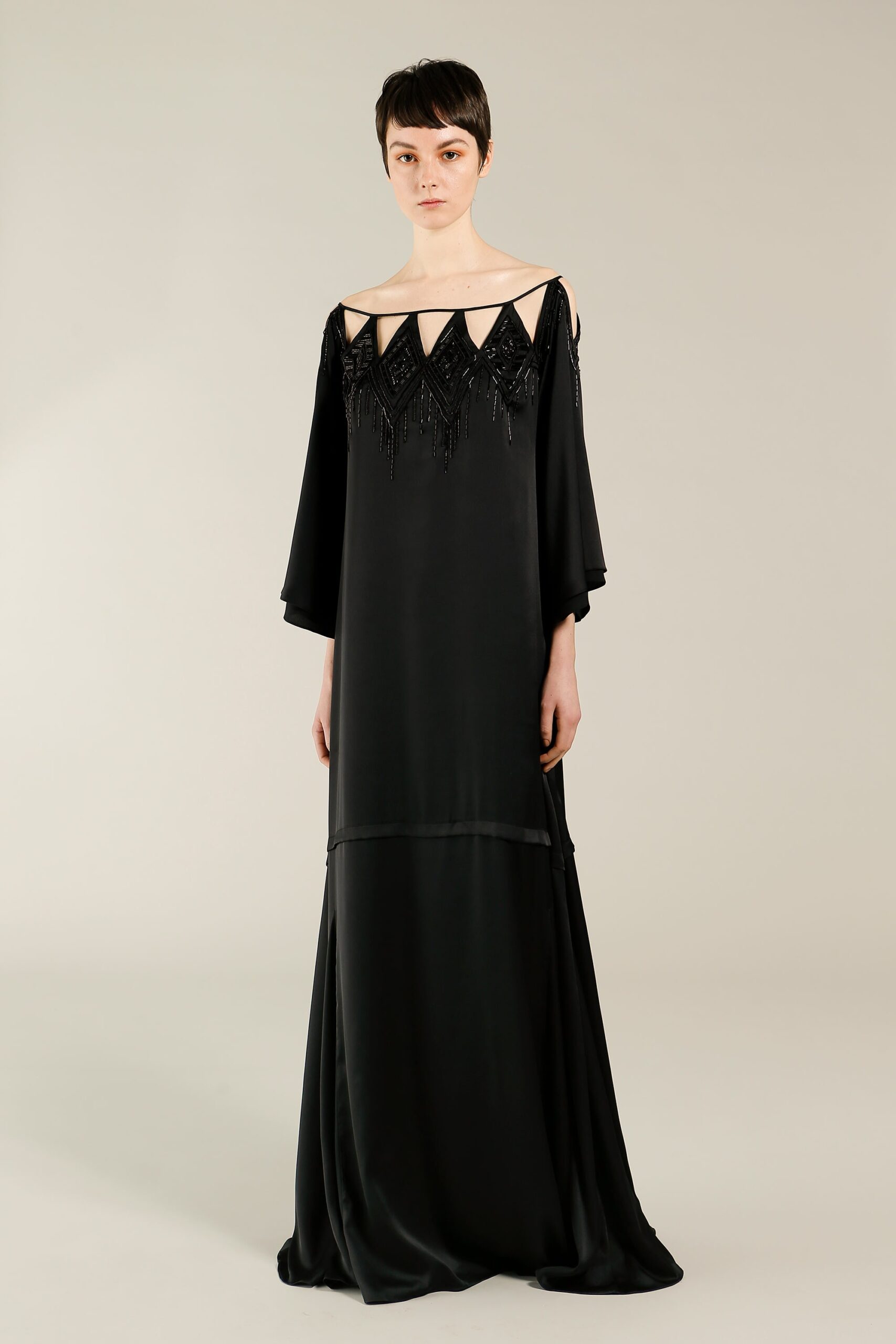 black silk off-shoulder gown