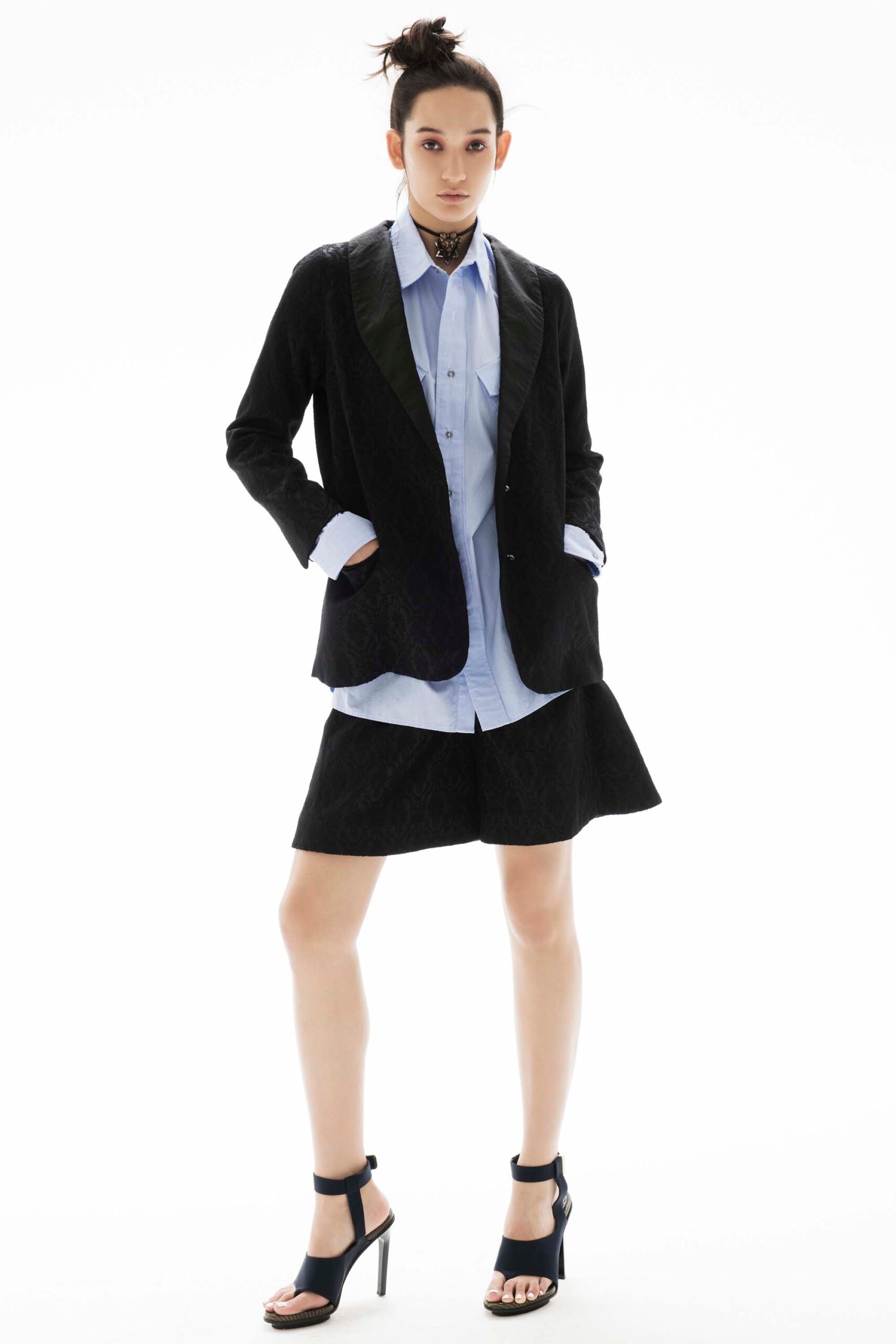 black blazer blue shirt flared skirt