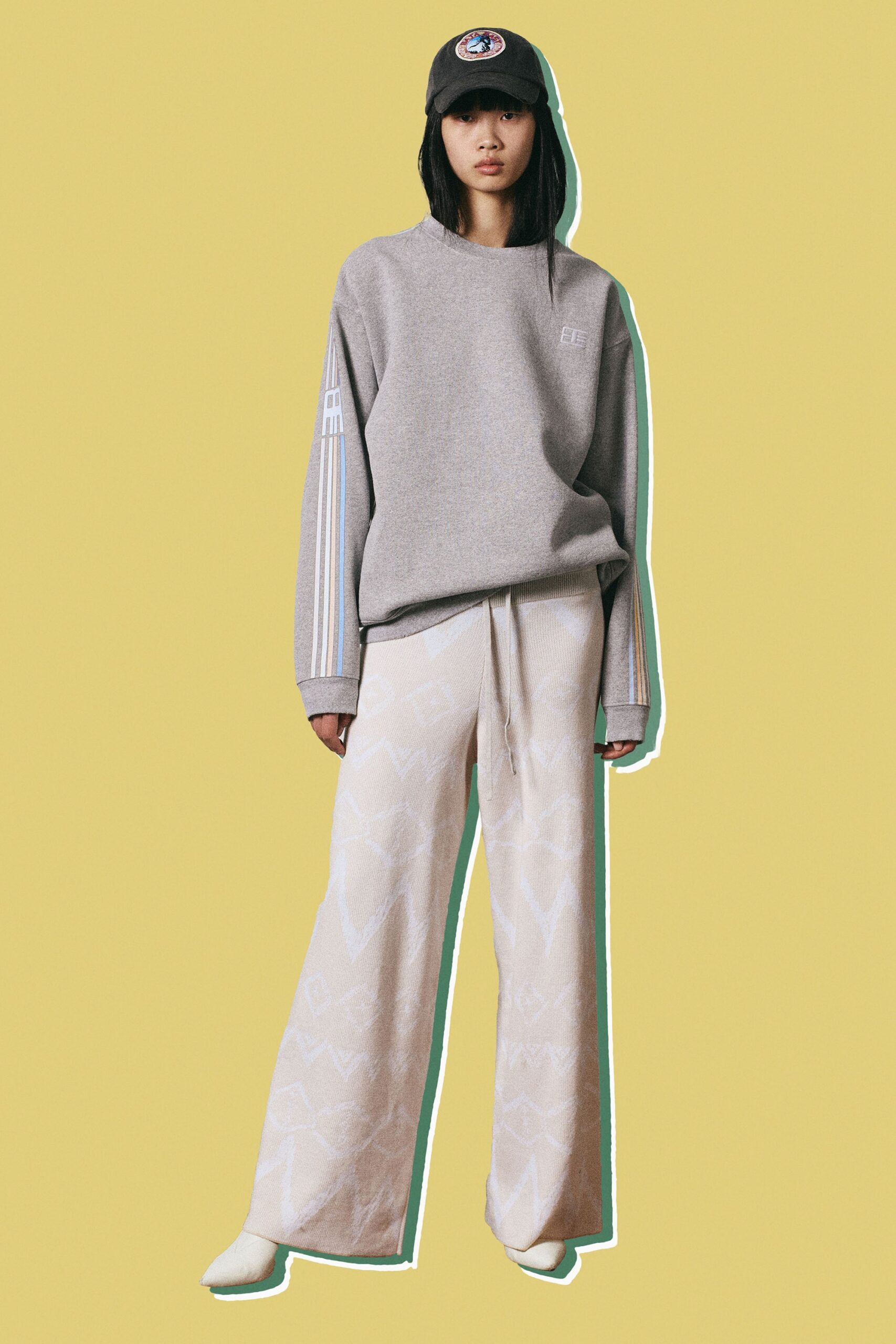 gray relaxed sweater with wide-leg pants