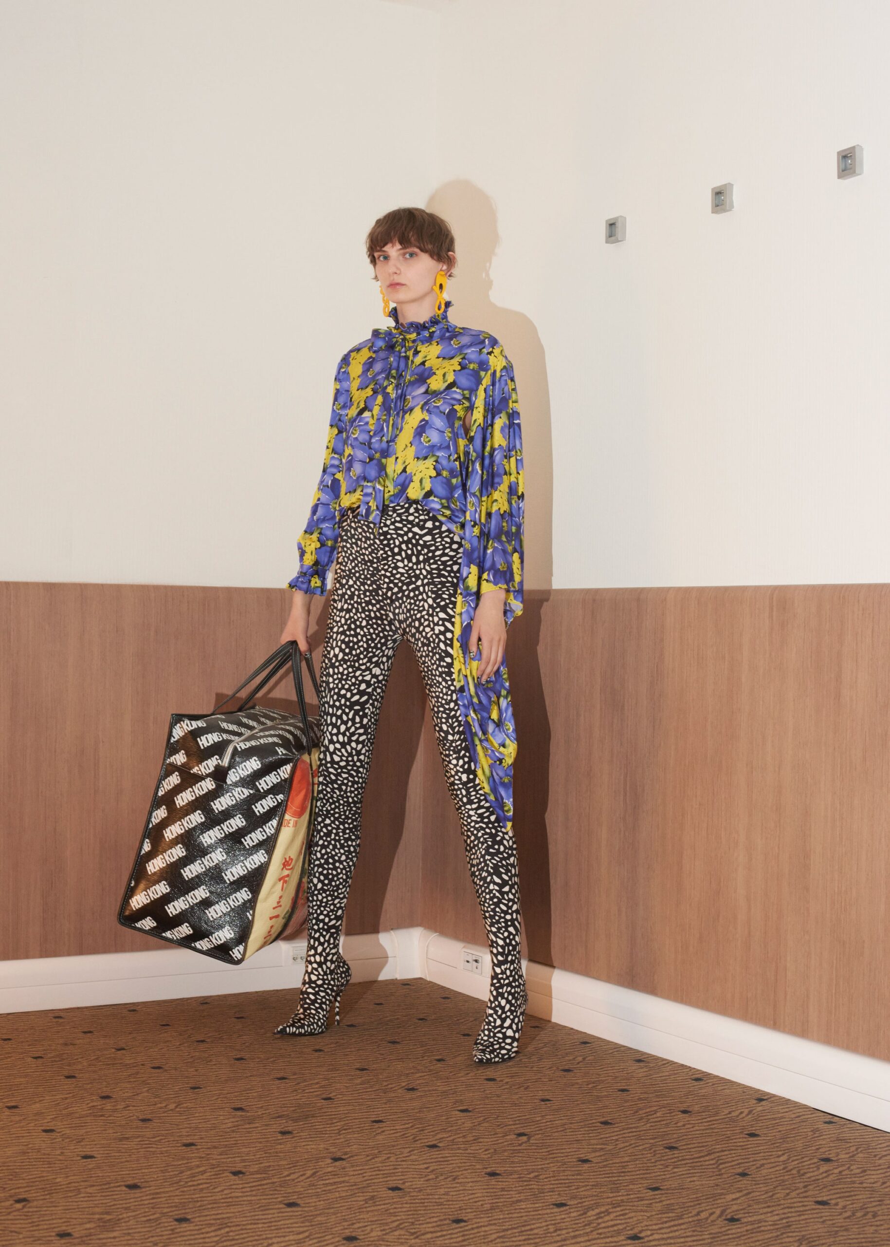blue long-sleeve collared relaxed printed blouse