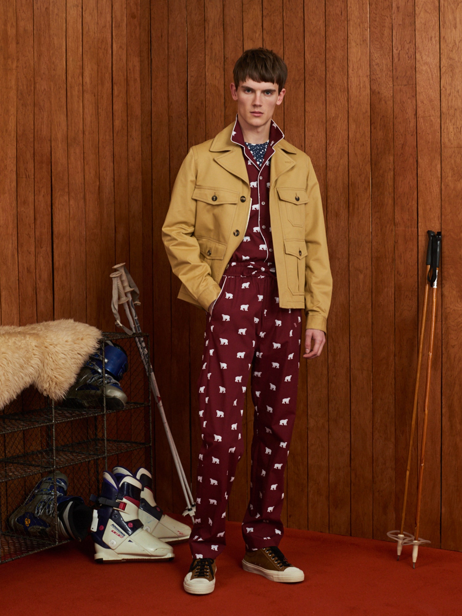 red cotton long-sleeve collared fitted printed shirt